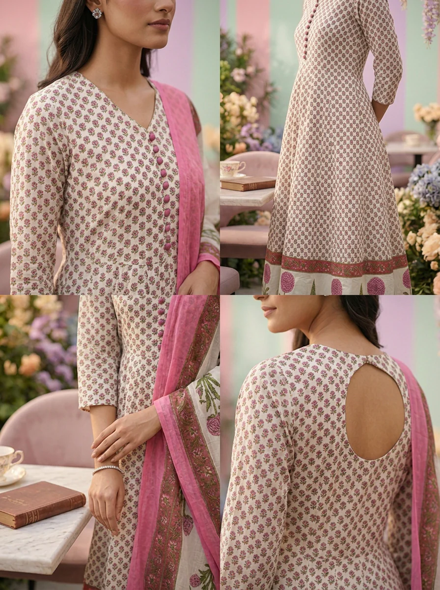 Pink Cotton Floral Digital Printed Three Piece Set - Image 3