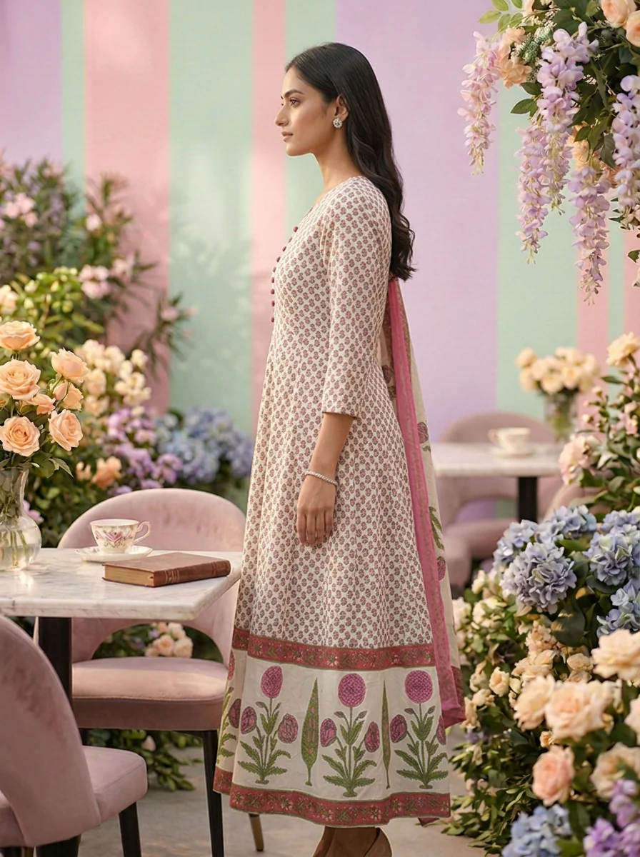 Pink Cotton Floral Digital Printed Three Piece Set - Image 4