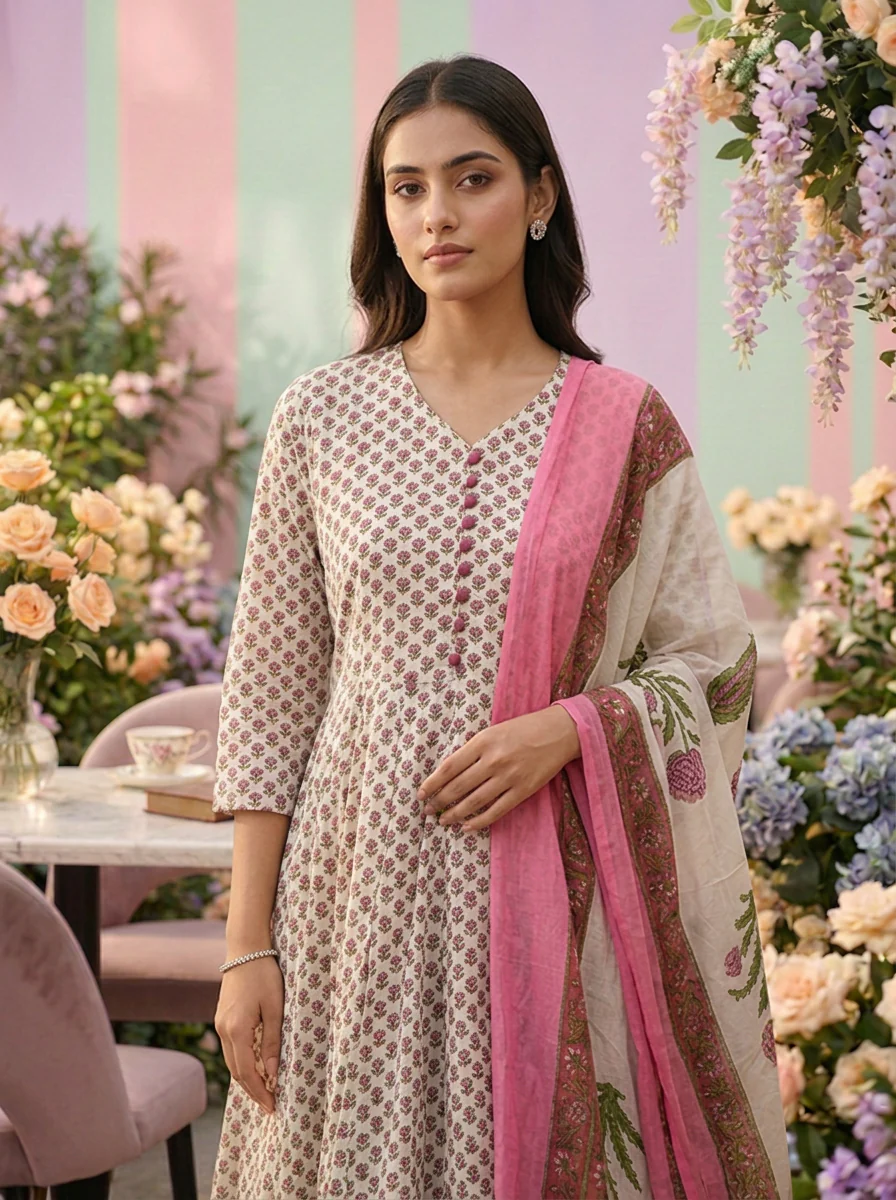 Pink Cotton Floral Digital Printed Three Piece Set - Image 5