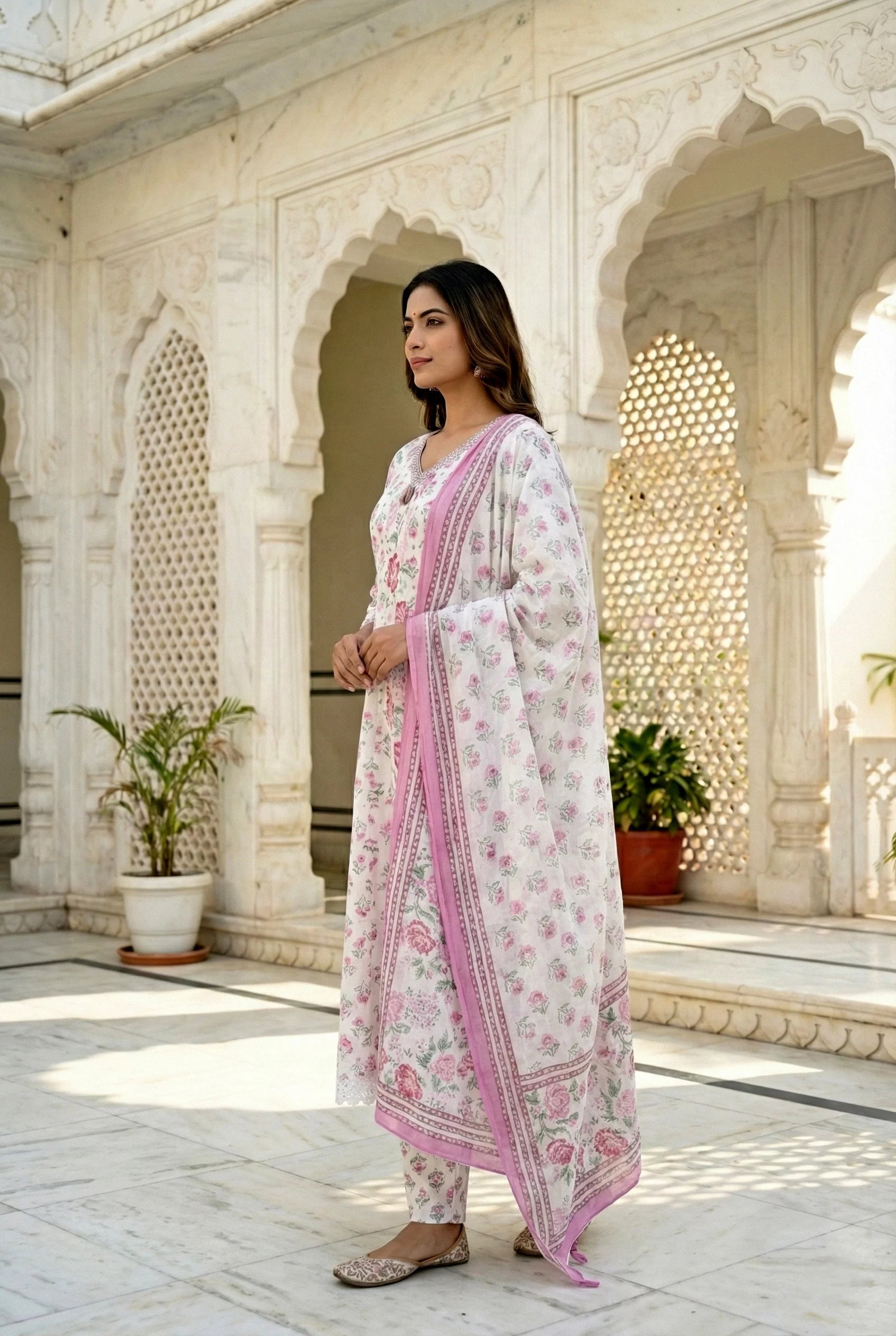 Pink Cotton Floral Hand Embroidered Three Piece Set - Image 4