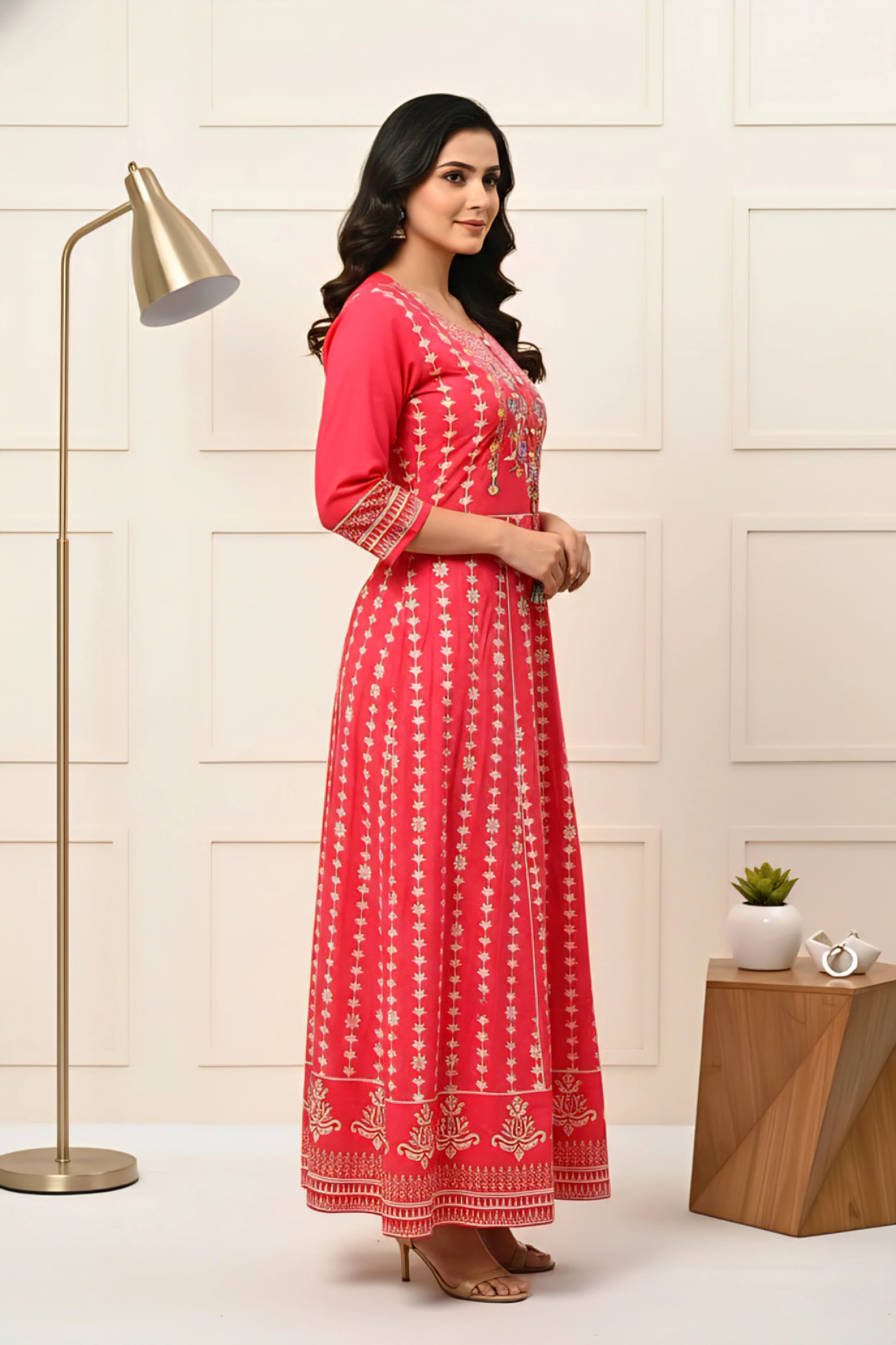 Pink Cotton Floral Hand Embroidery Dress - Image 2