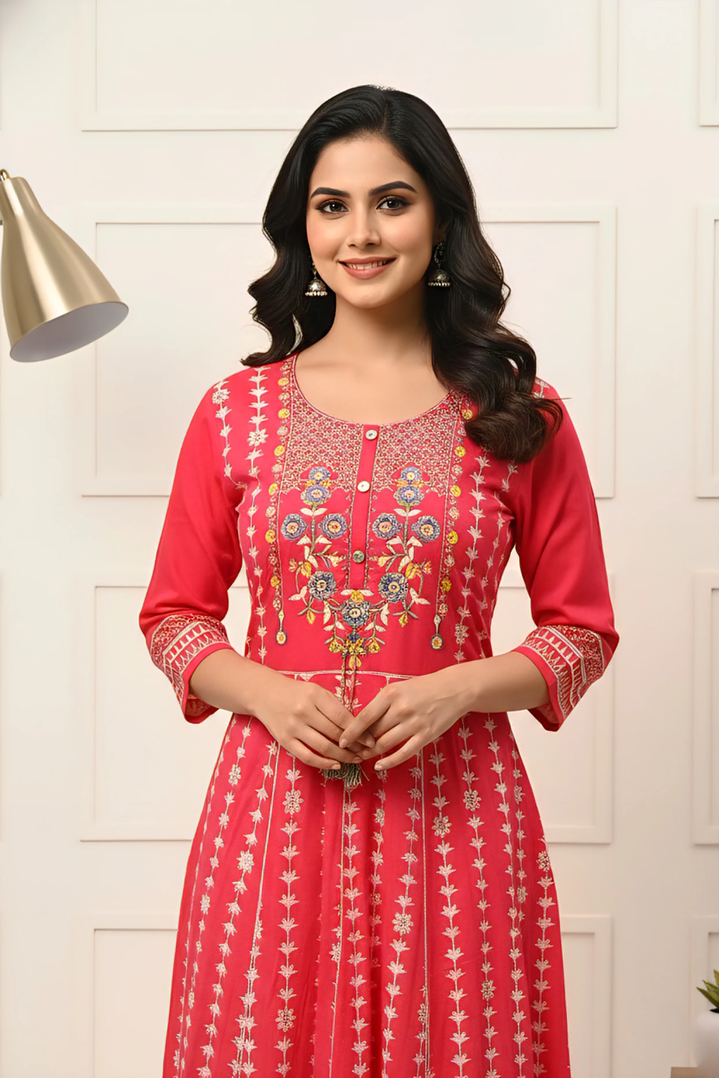 Pink Cotton Floral Hand Embroidery Dress - Image 3