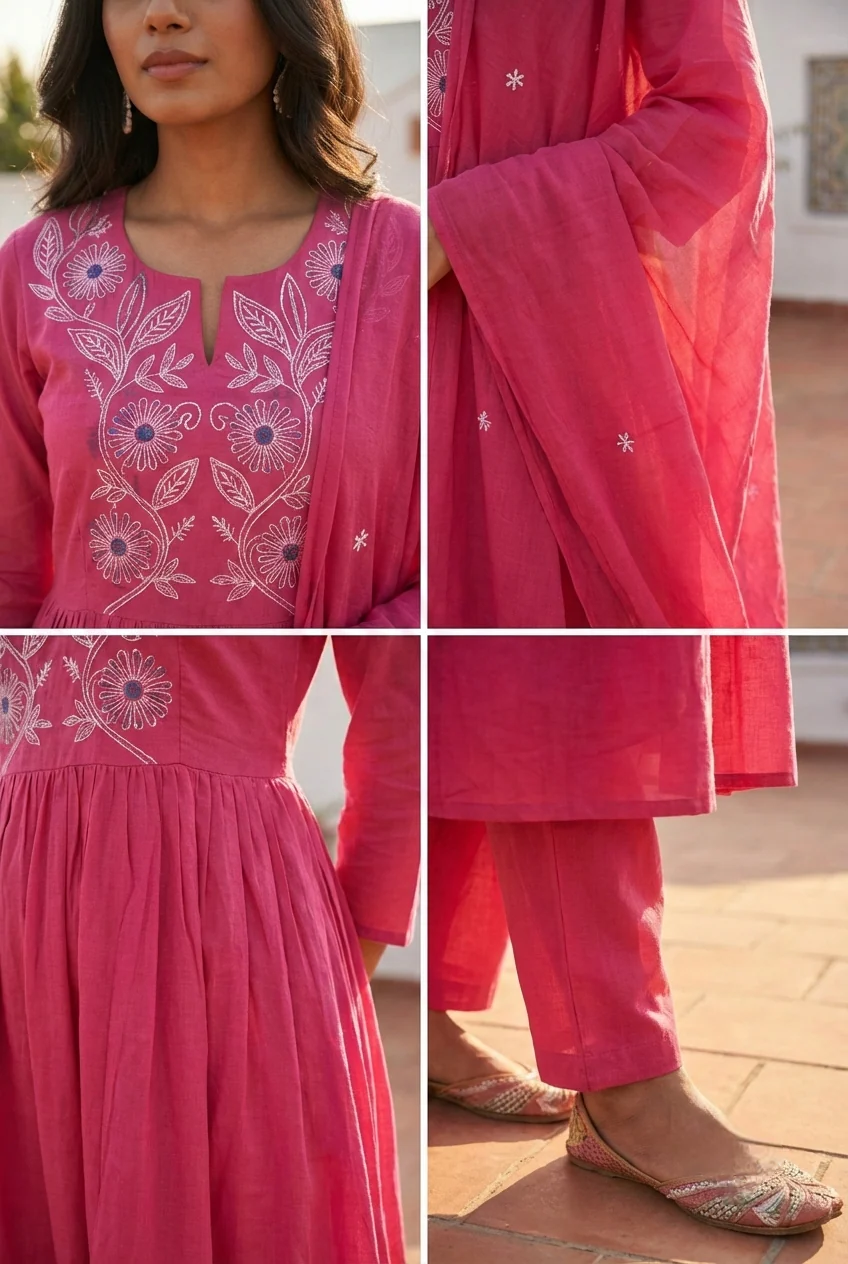 Pink Cotton Floral Hand Embroidery Three Piece Set - Image 5