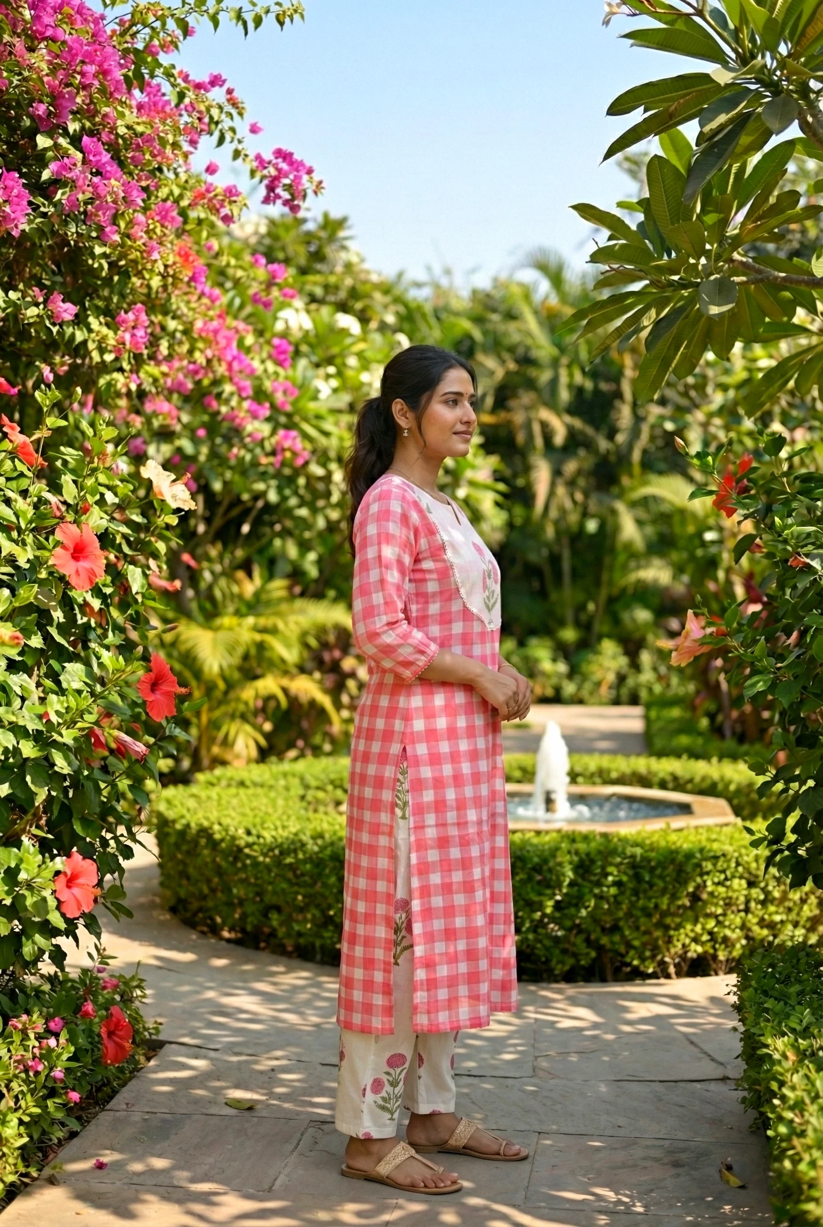 Pink Cotton Floral Printed And Checked Two Piece Set - Image 2