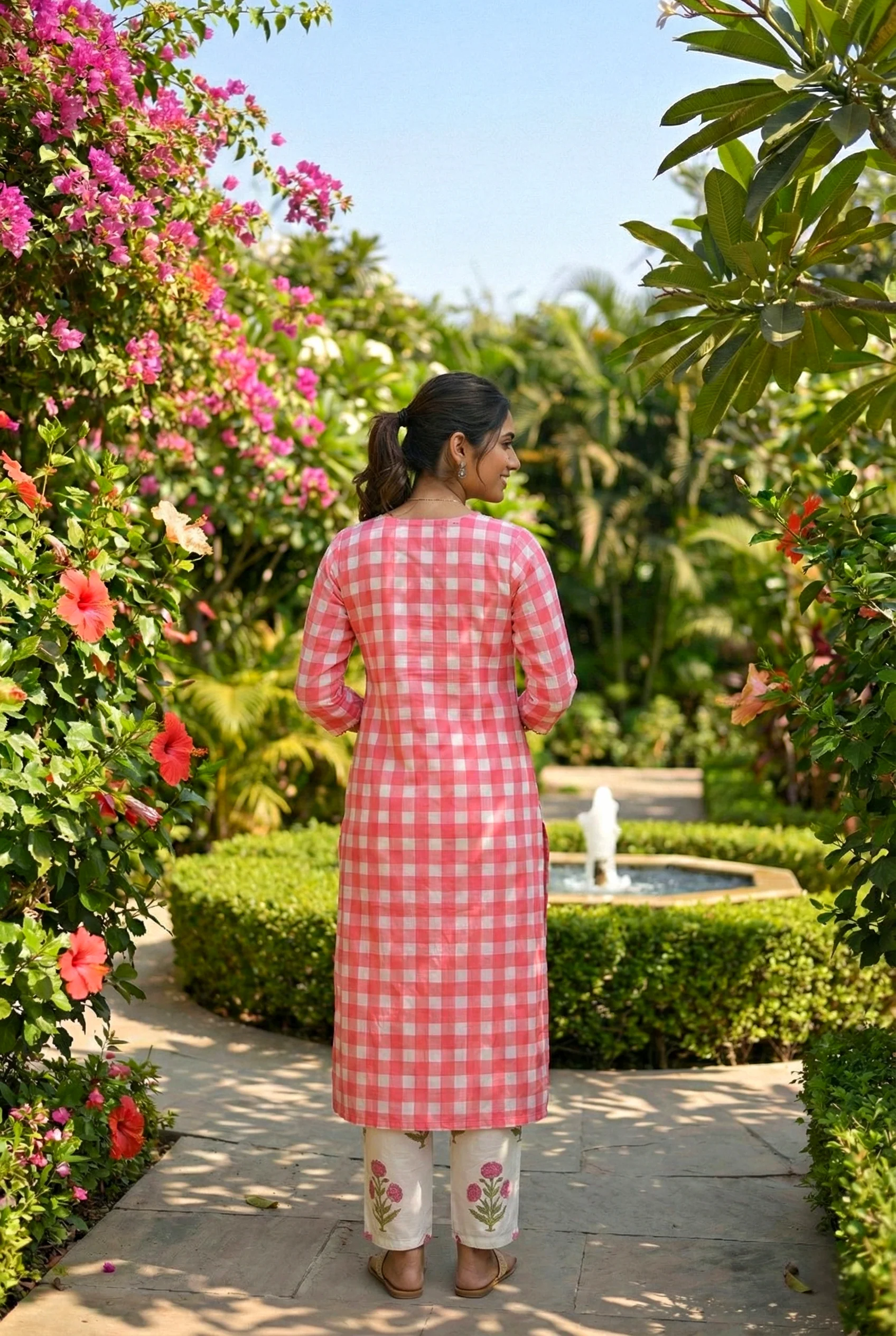 Pink Cotton Floral Printed And Checked Two Piece Set - Image 3