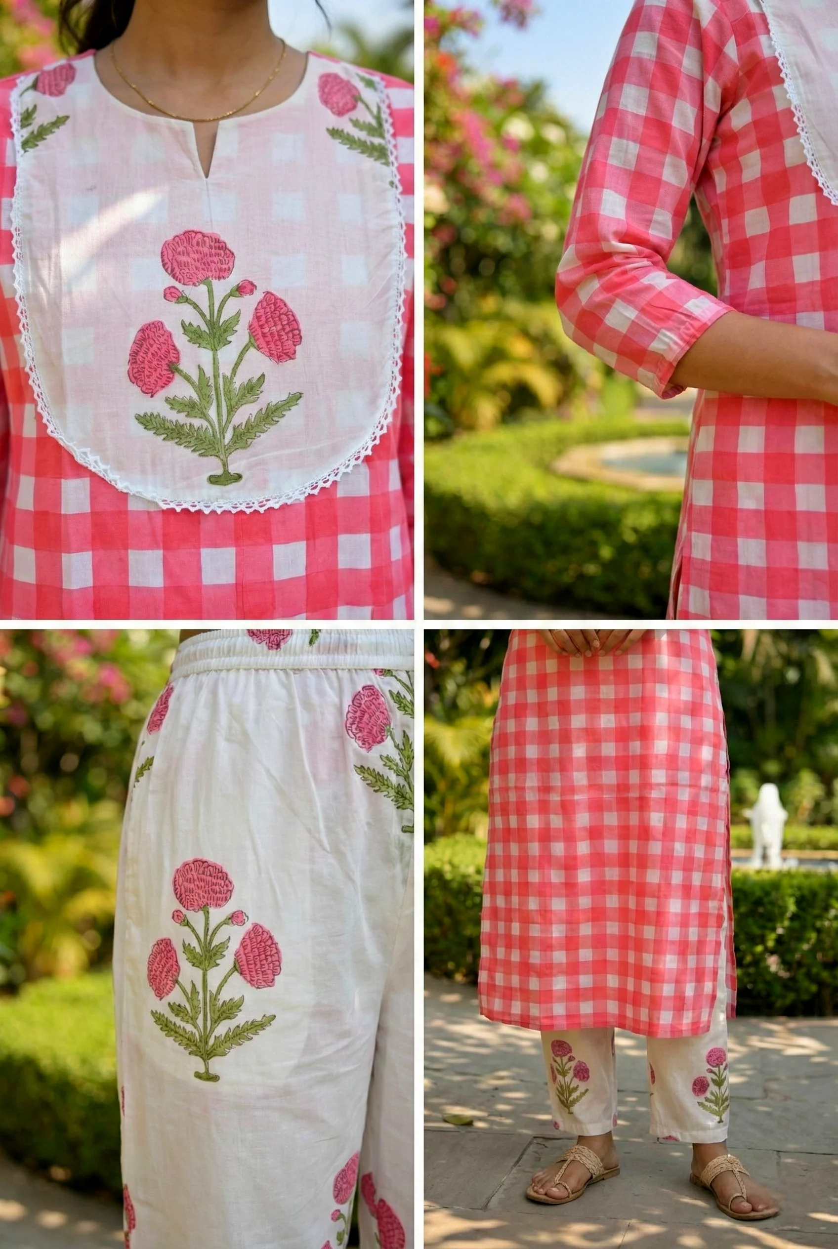 Pink Cotton Floral Printed And Checked Two Piece Set - Image 4