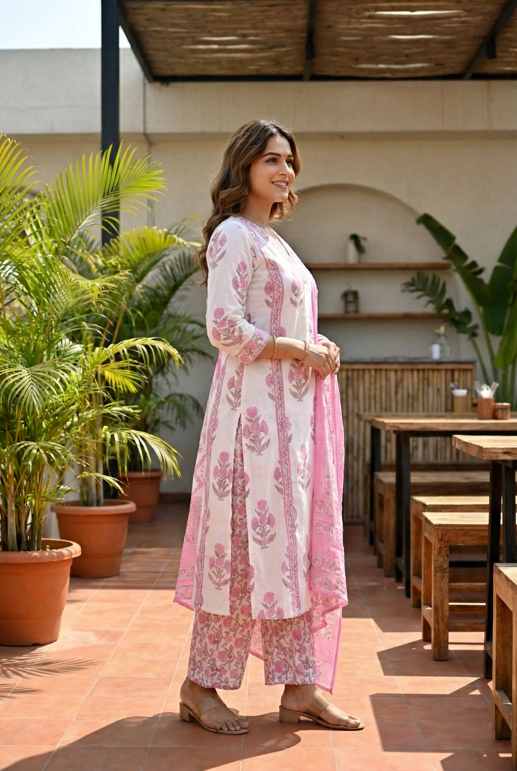 Pink Cotton Floral Printed Three Piece Set - Image 2