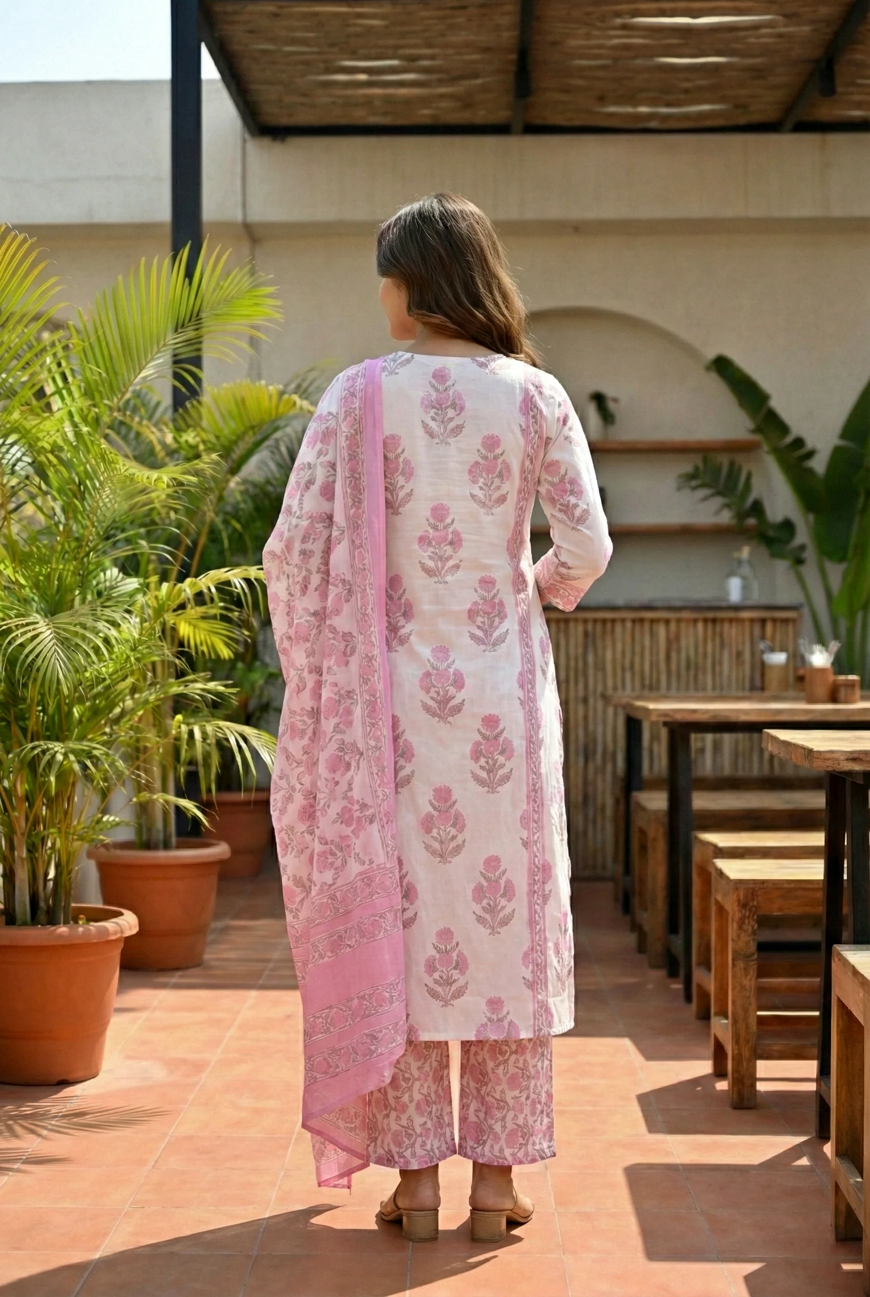 Pink Cotton Floral Printed Three Piece Set - Image 3