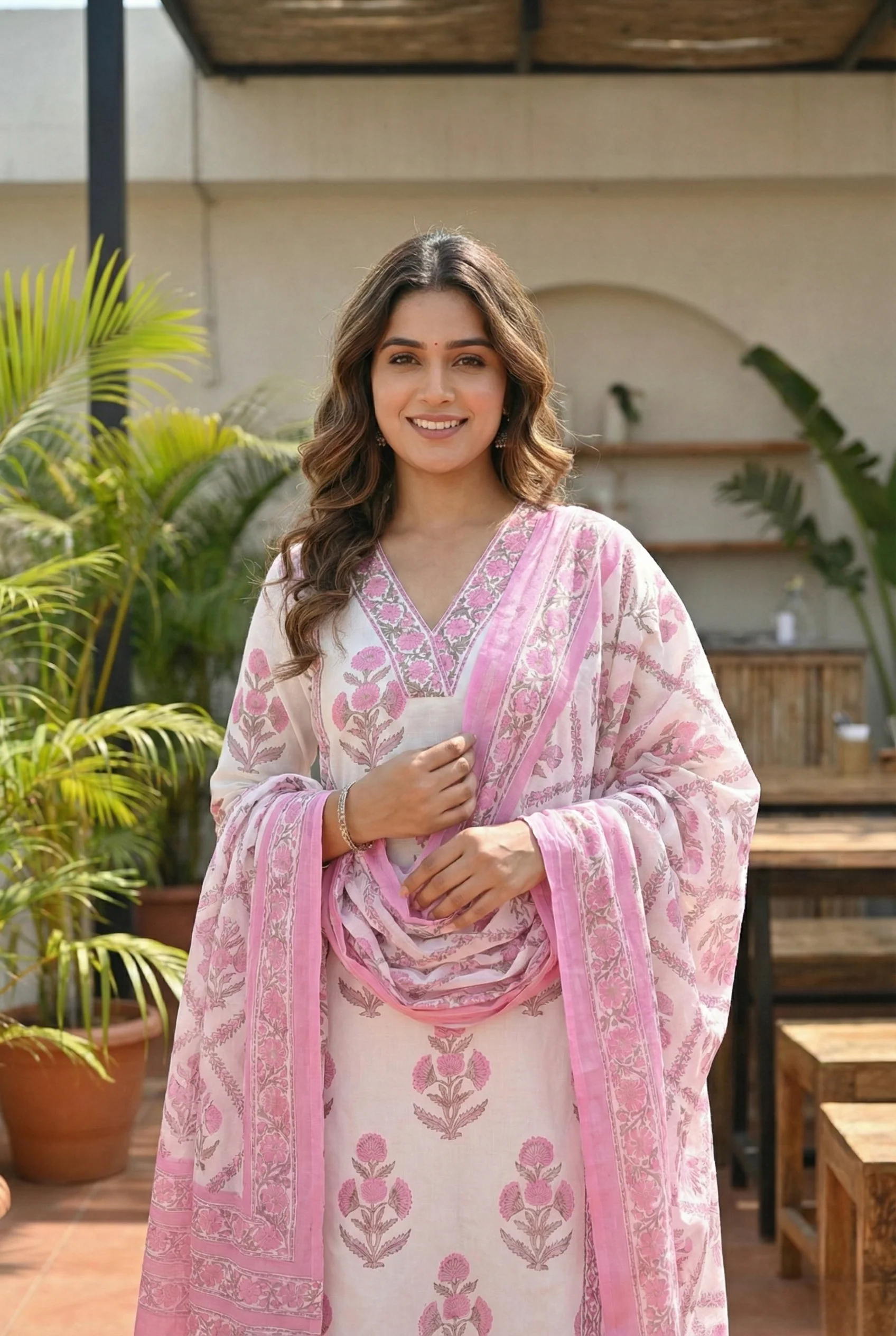 Pink Cotton Floral Printed Three Piece Set - Image 5