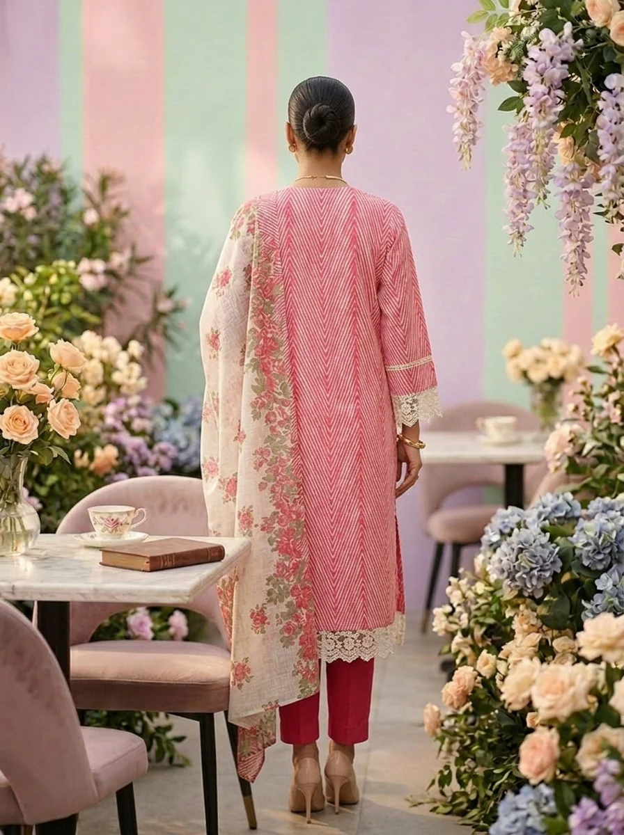 Pink Cotton Striped Printed Three Piece Set - Image 2