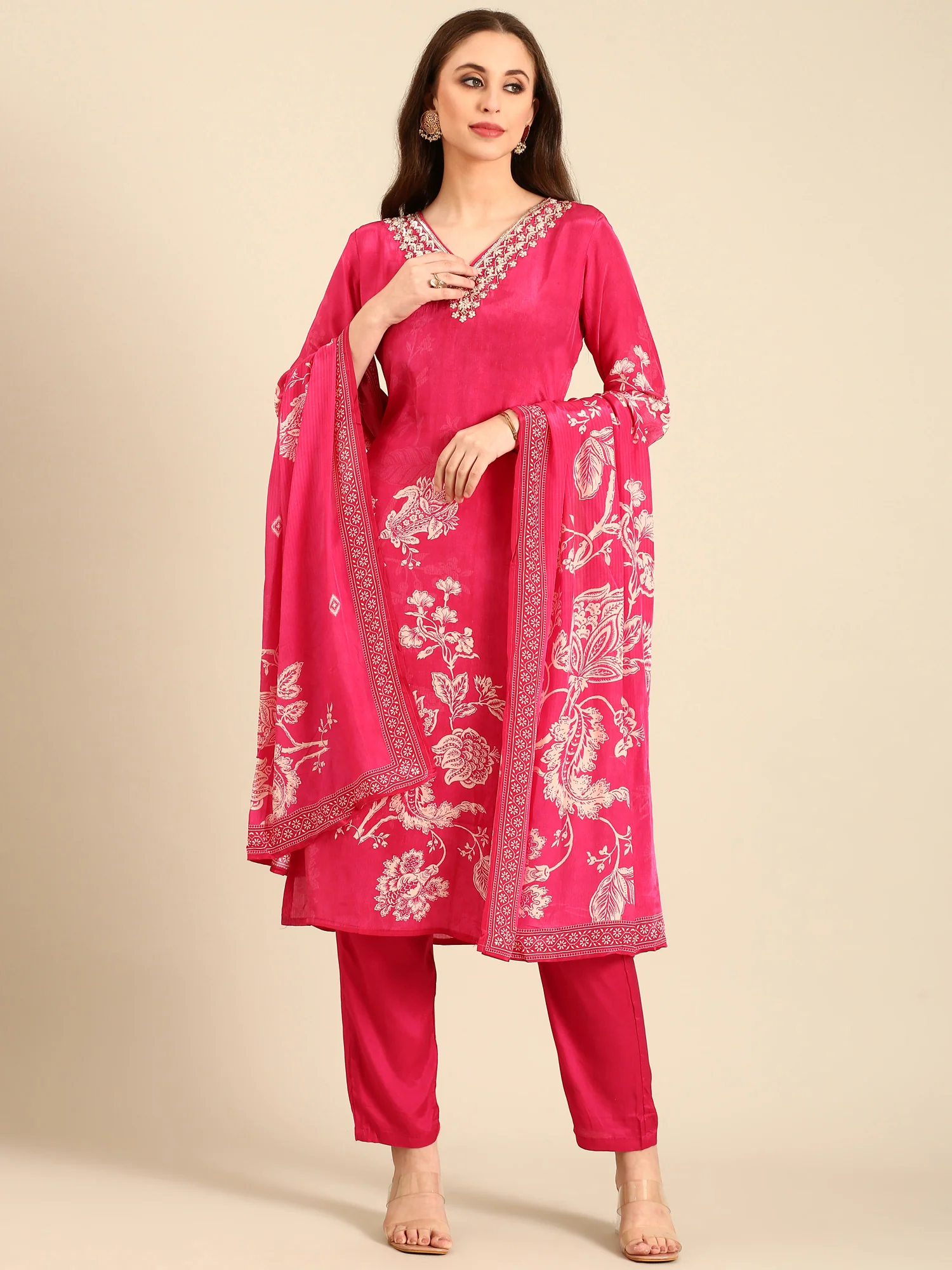 Pink Crepe Floral print three piece suit set - Image 5
