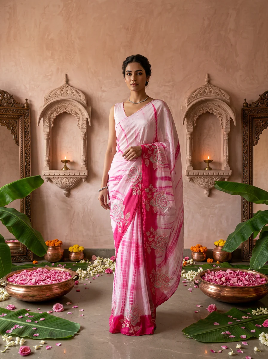 Pink Floral Thread Embroidered Crepe Saree - Image 2