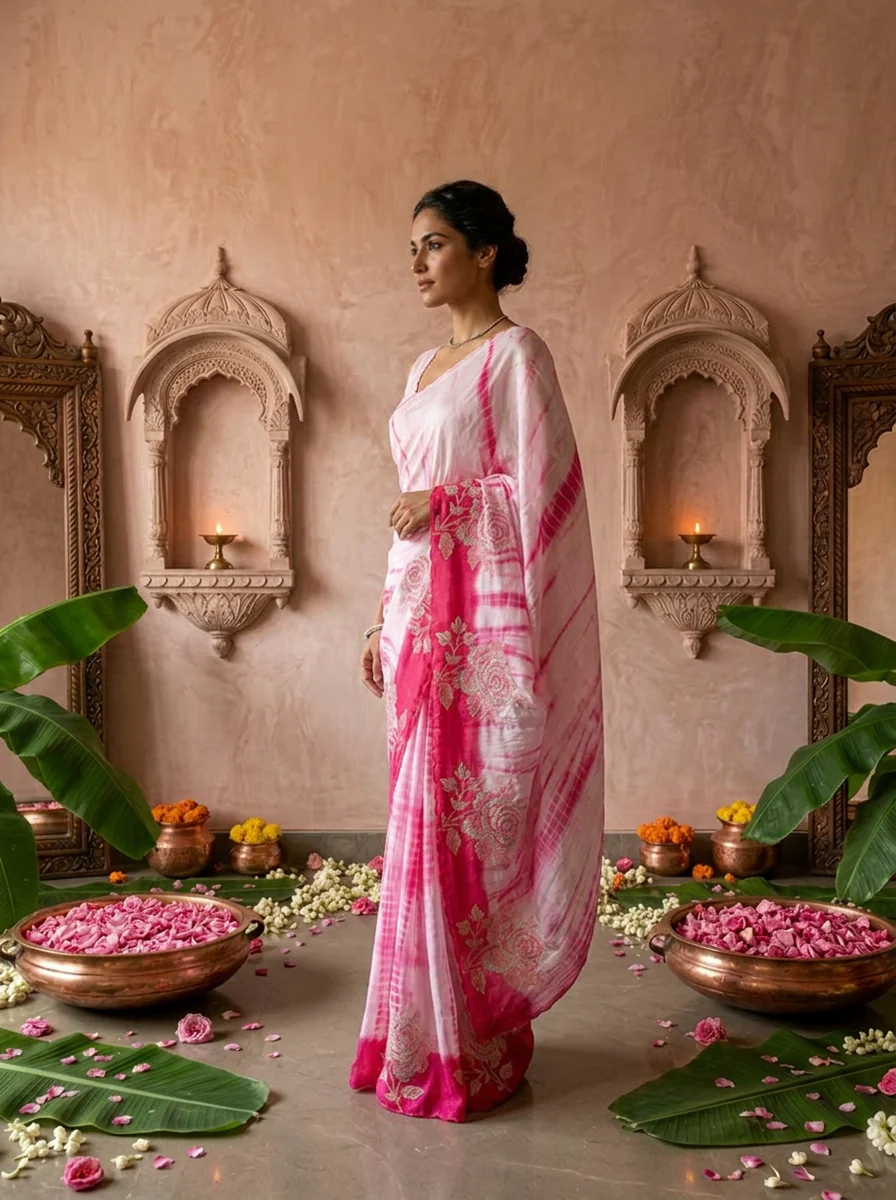 Pink Floral Thread Embroidered Crepe Saree - Image 3