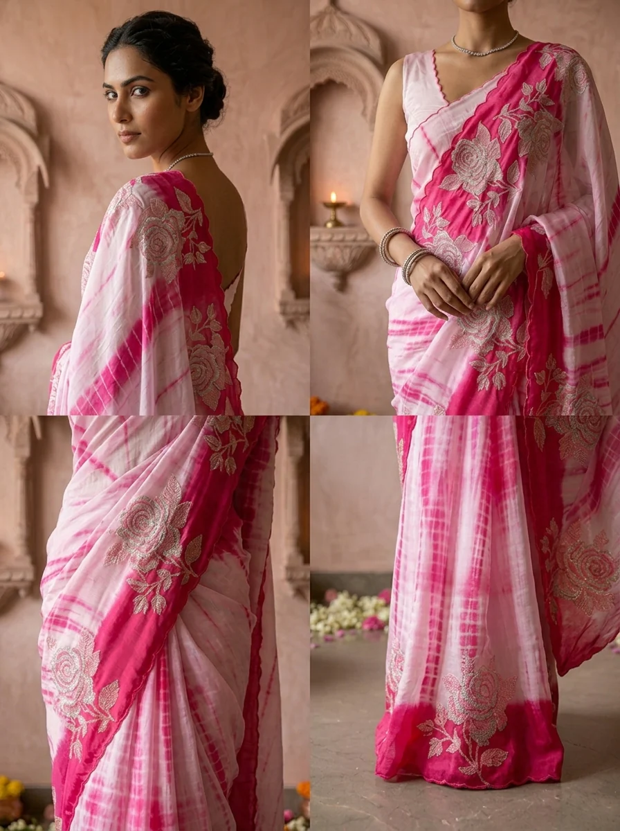 Pink Floral Thread Embroidered Crepe Saree - Image 4