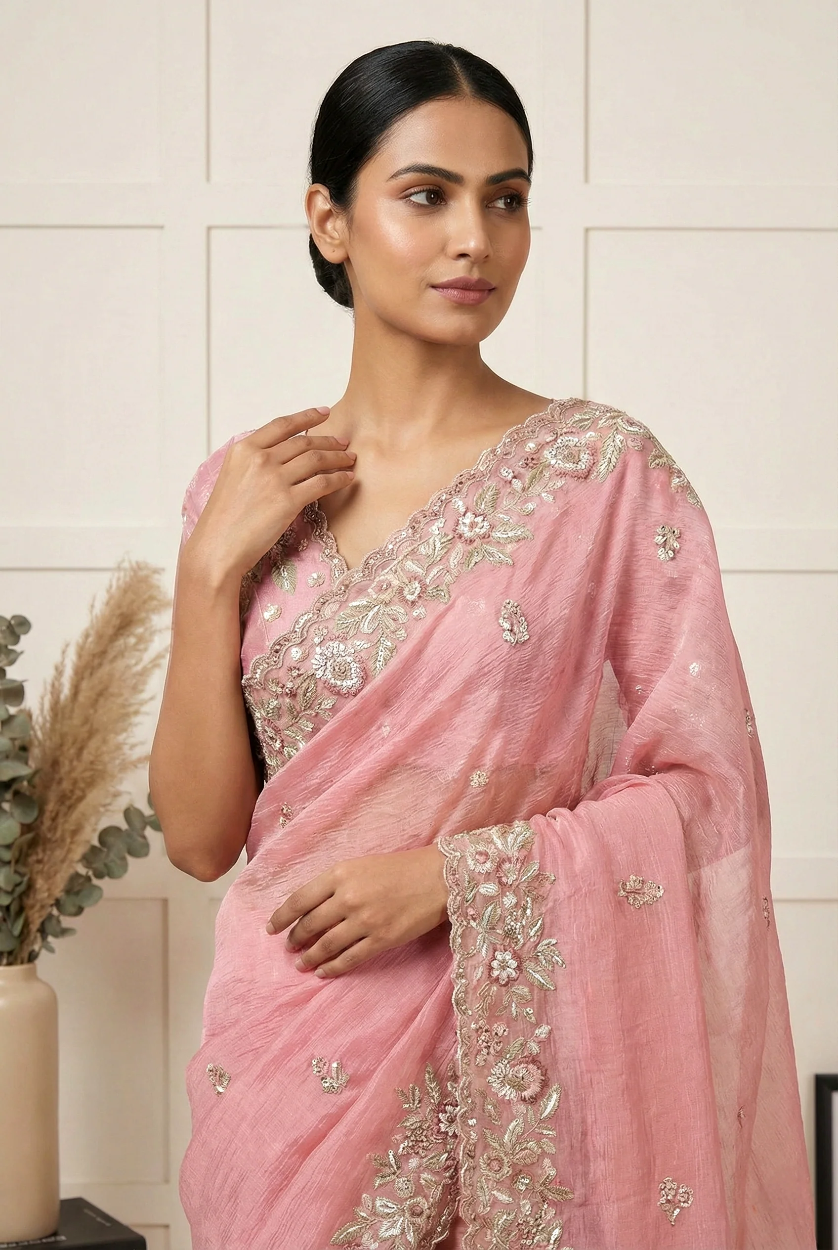 Pink Georgette Floral Hand Embroidered Saree - Image 2