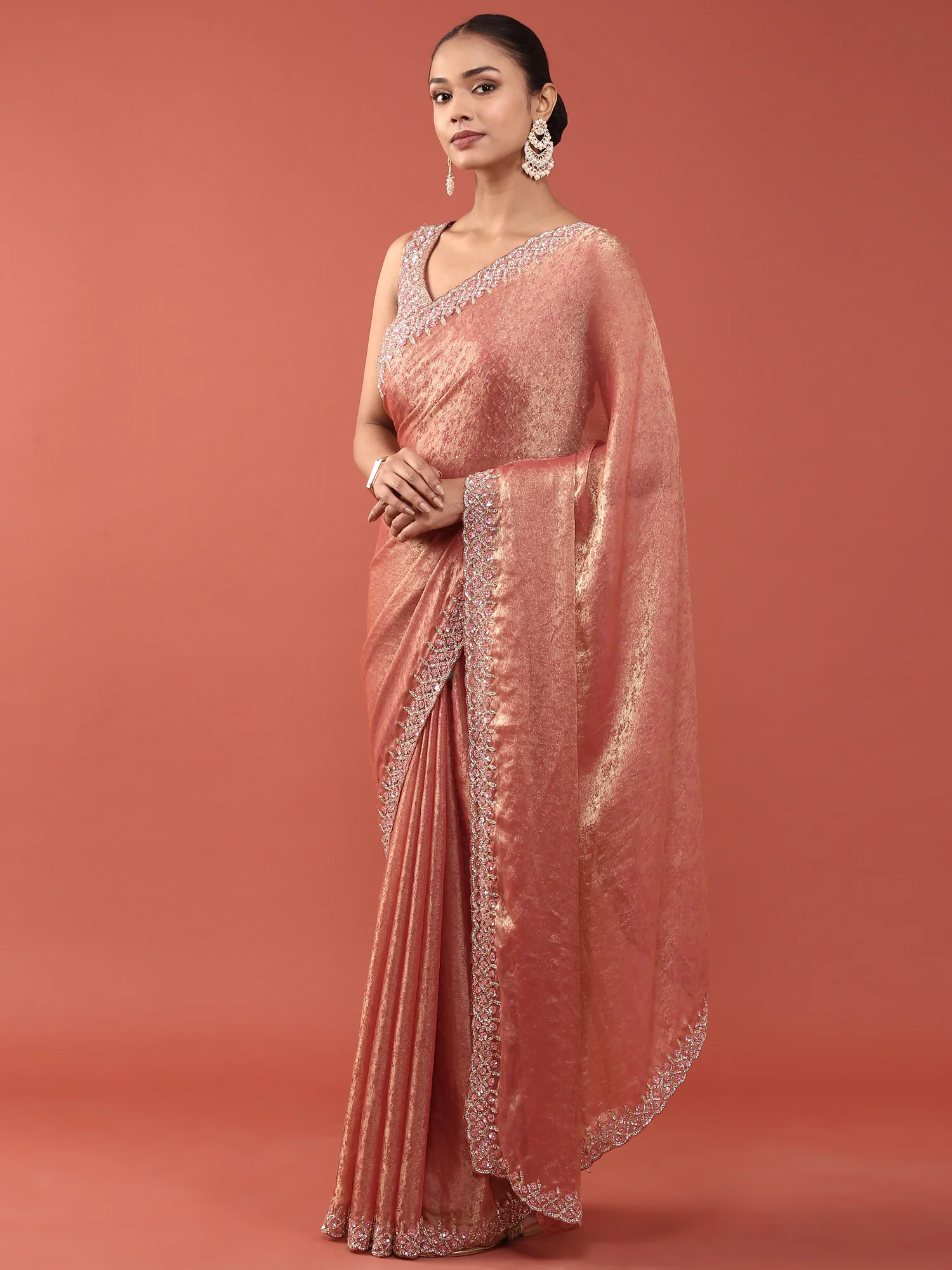 Pink Jacquard Embroidery Saree With Readymade Blouse - Image 4