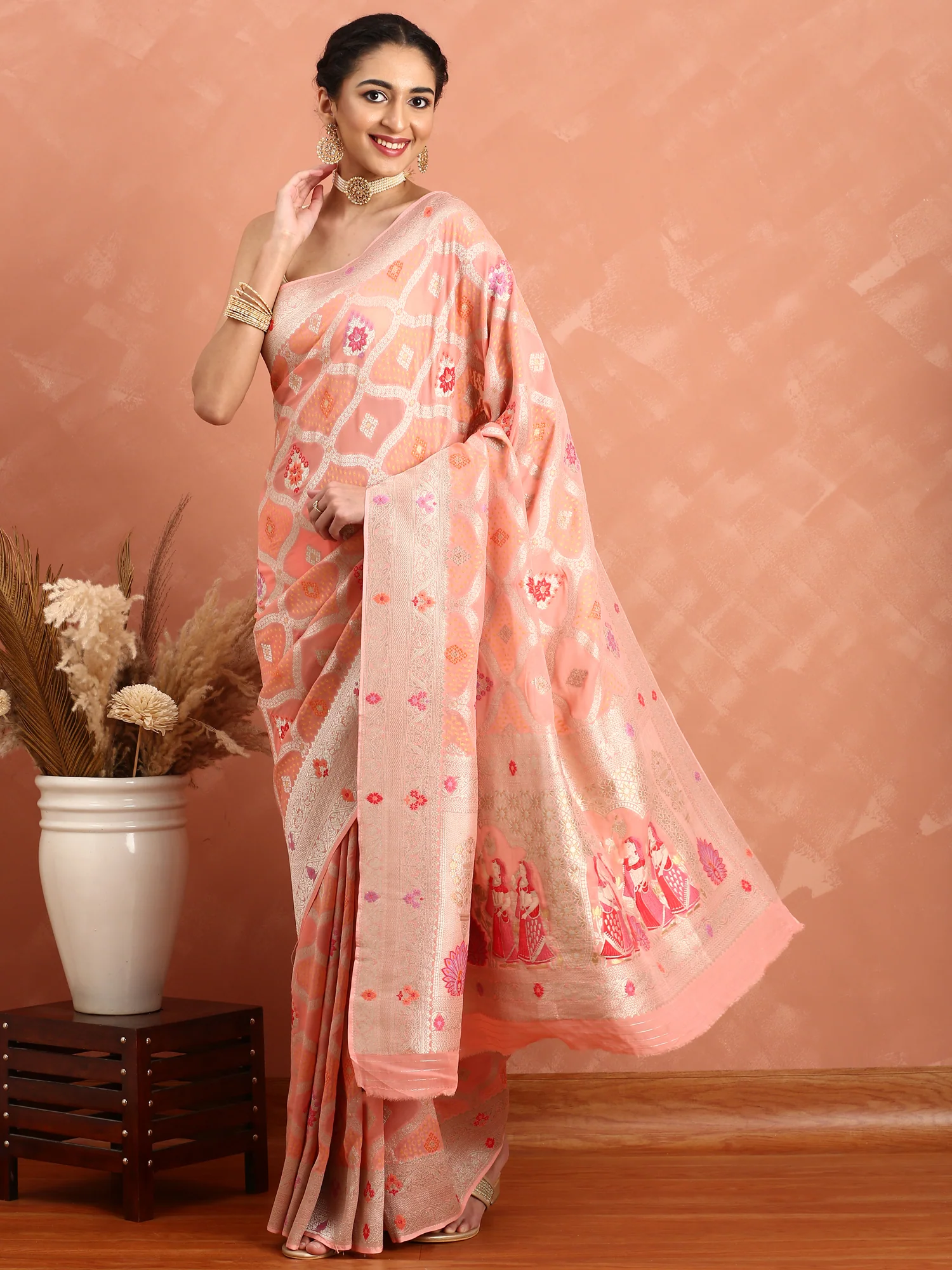 Pink khadi banaras weave saree - Image 2