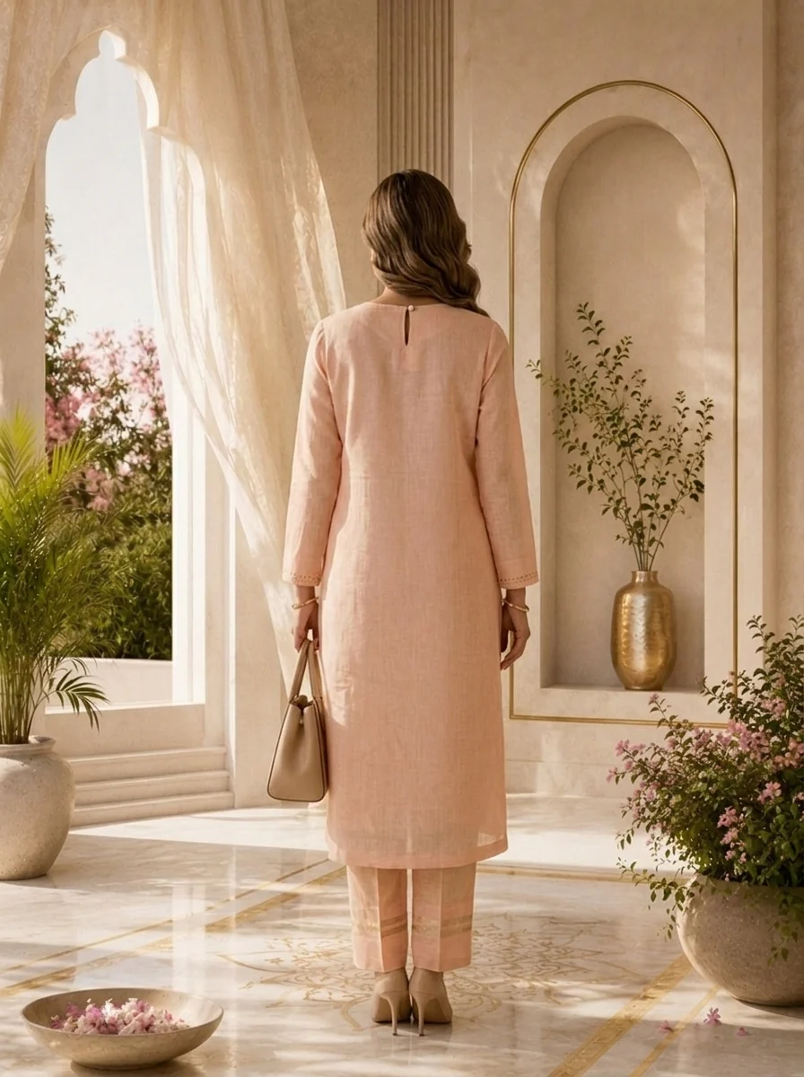 Pink Linen Solid Design Two Piece Set With Elegant Gold Detailing - Image 3