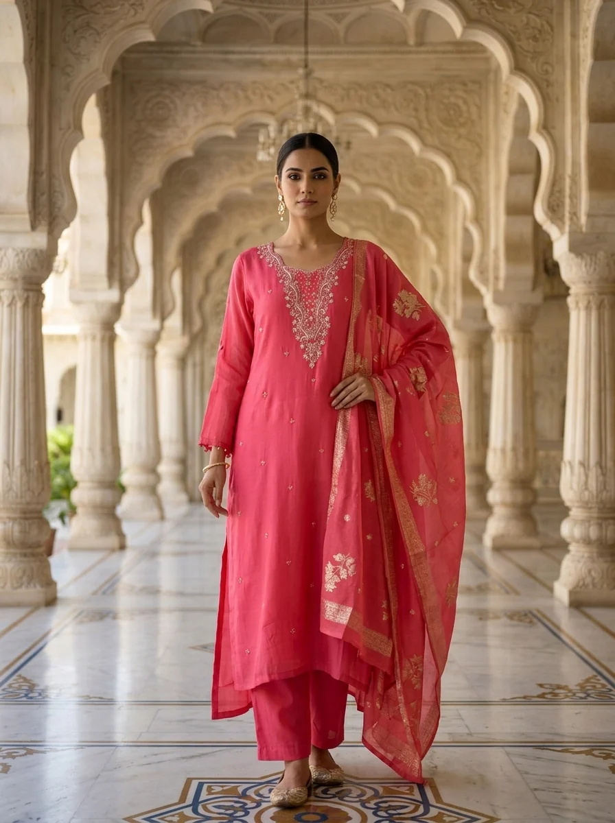 Pink Muslin Beads And Sequins Embroidered Three Piece Set