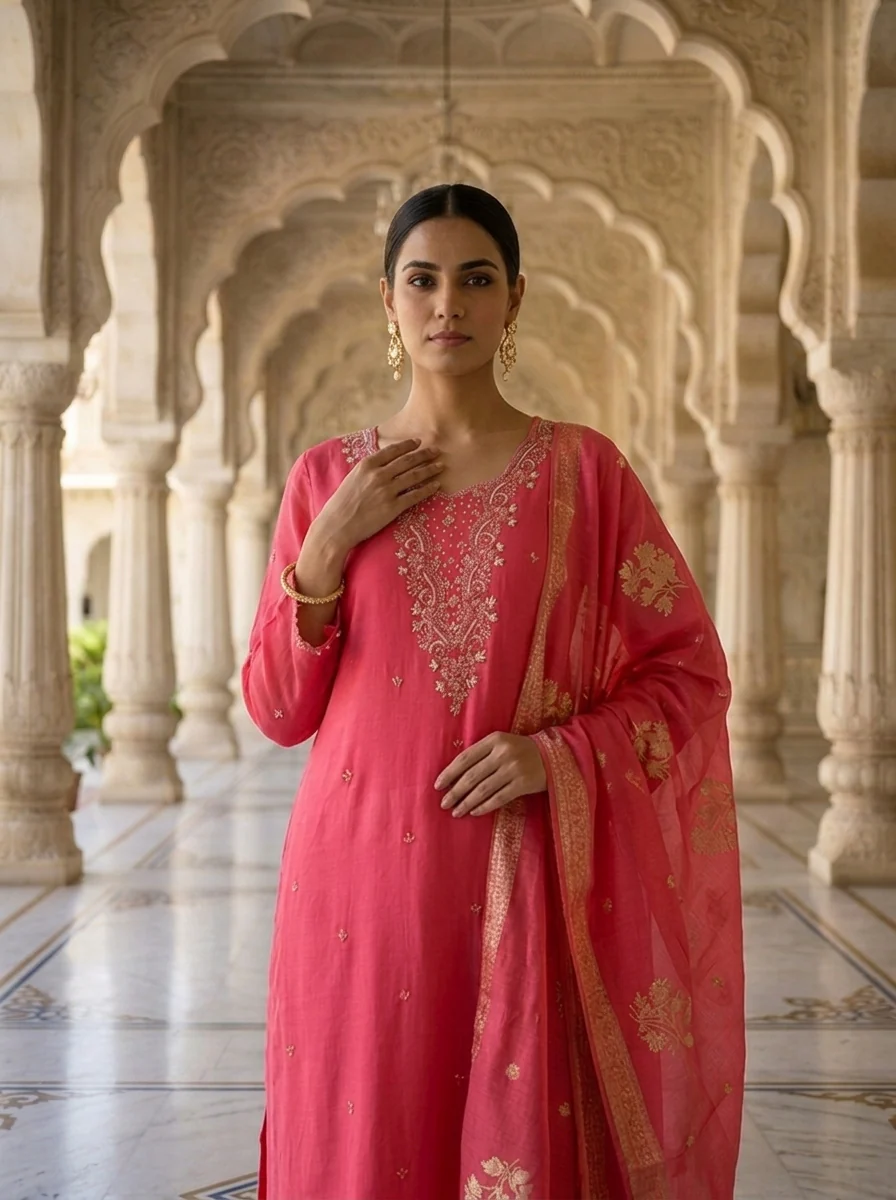 Pink Muslin Beads And Sequins Embroidered Three Piece Set - Image 2