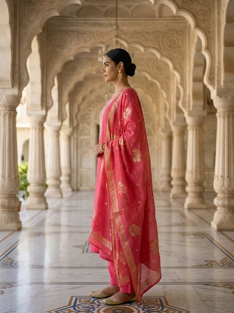 Pink Muslin Beads And Sequins Embroidered Three Piece Set - Image 3