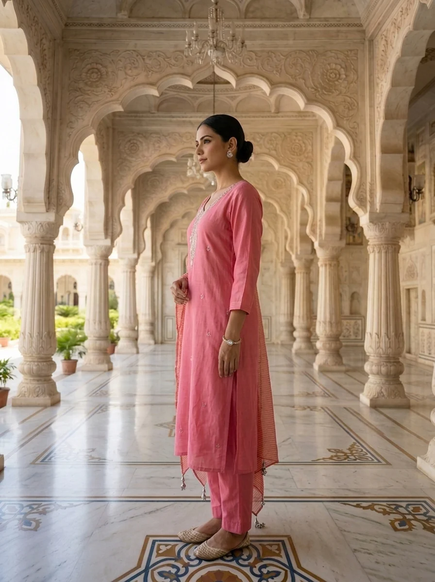 Pink Muslin Heavy Stone And Zari Embroidery Three Piece Set - Image 2