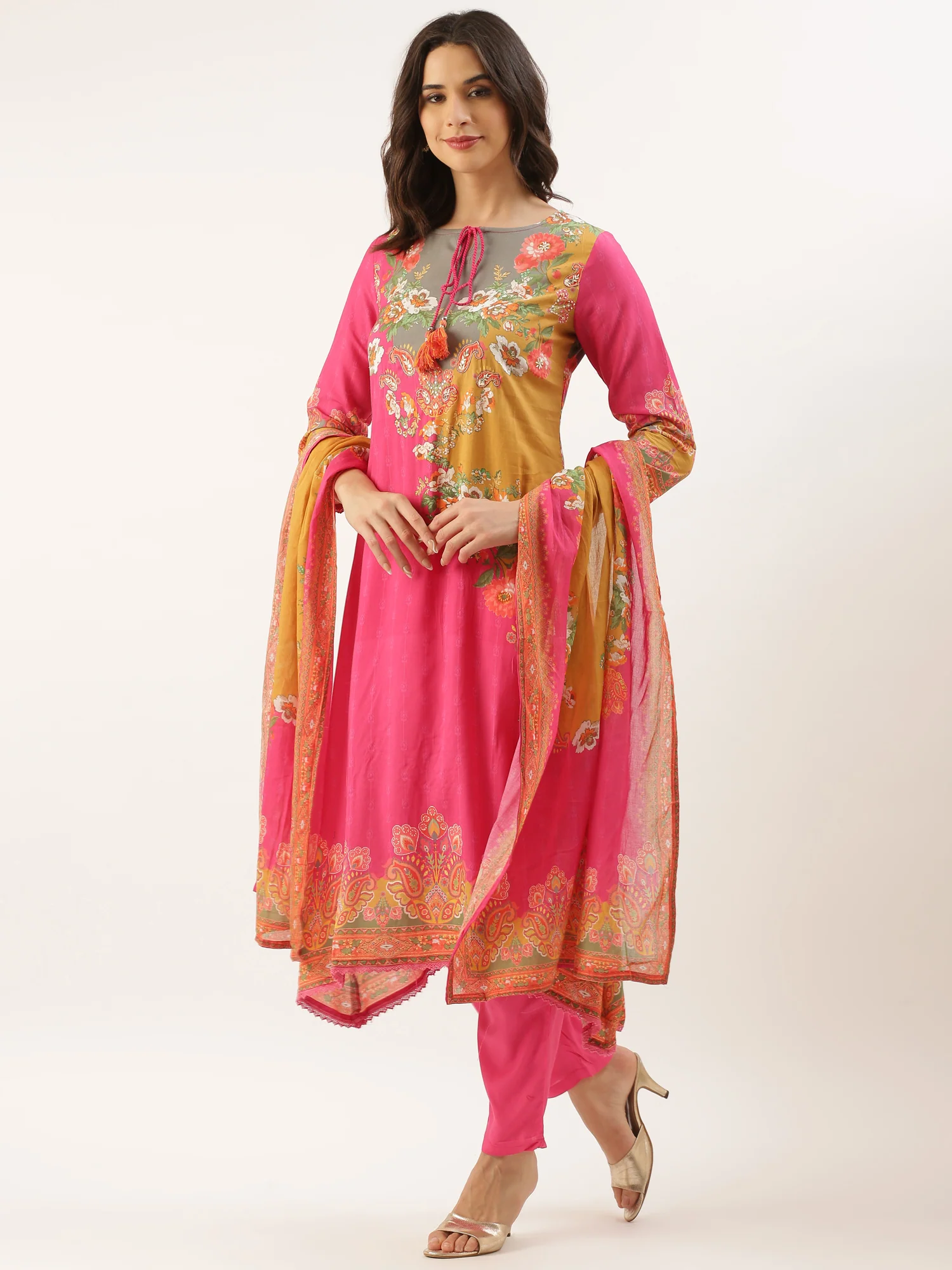 Pink Muslin Printed Three Piece Set