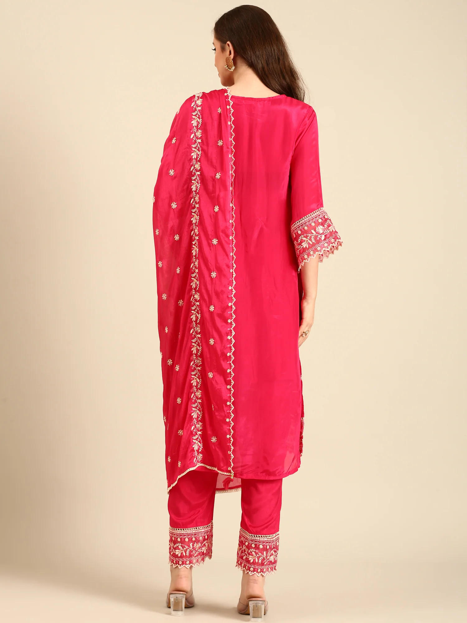 Pink muslin thread embroiderey three piece suit set - Image 4