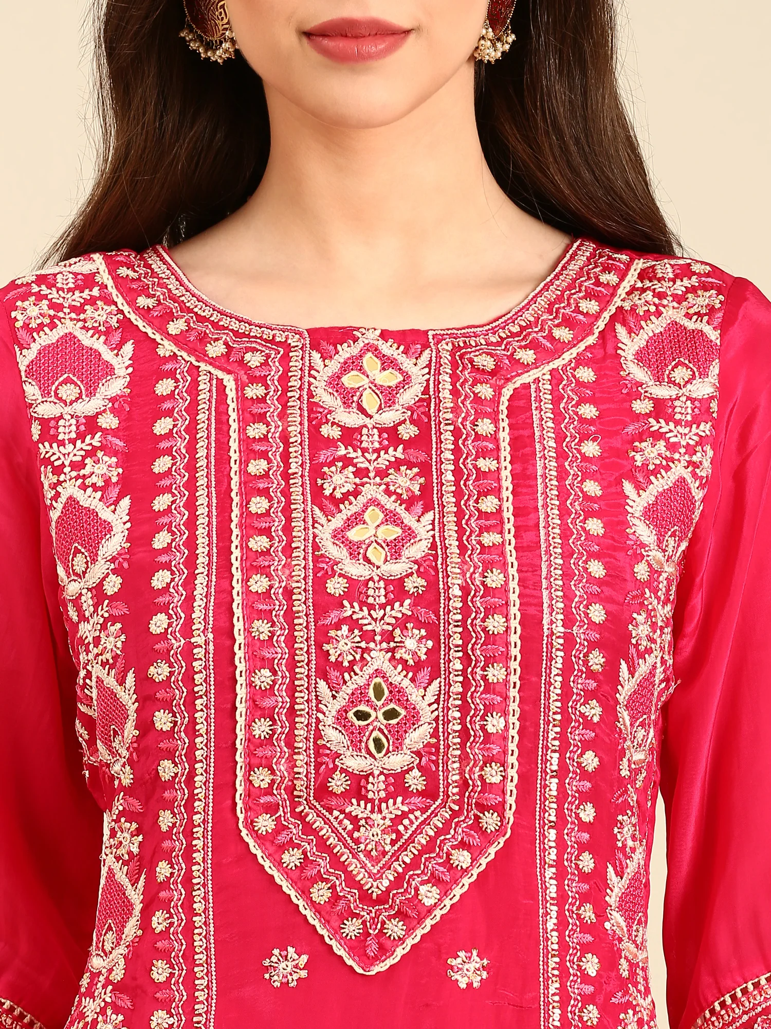 Pink muslin thread embroiderey three piece suit set - Image 5