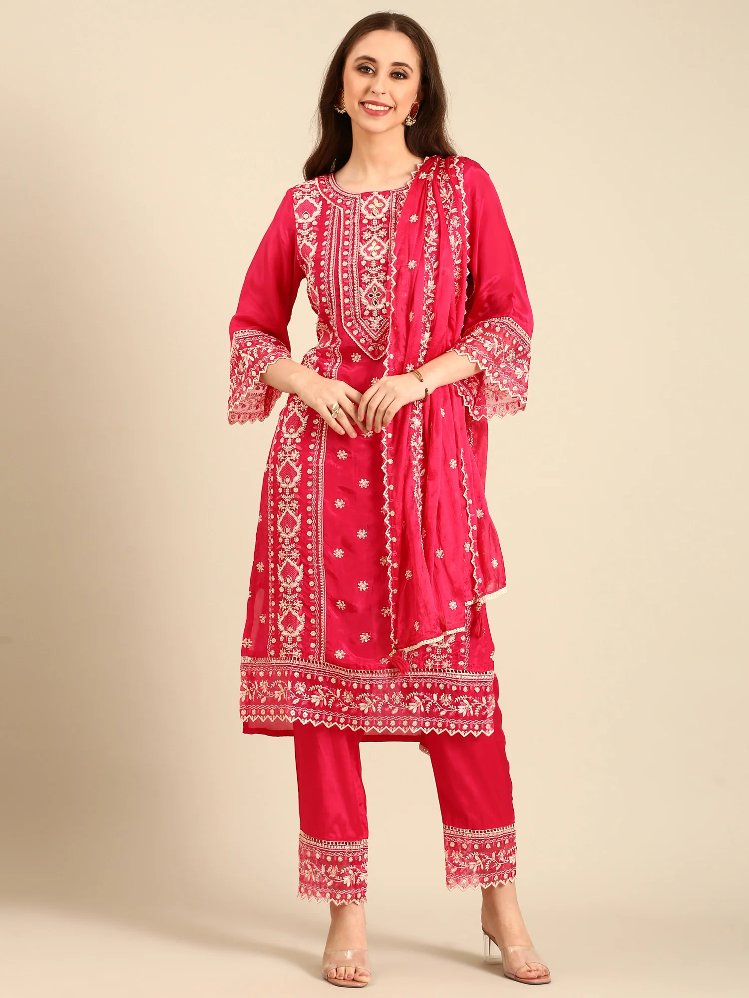 Pink muslin thread embroiderey three piece suit set - Image 6