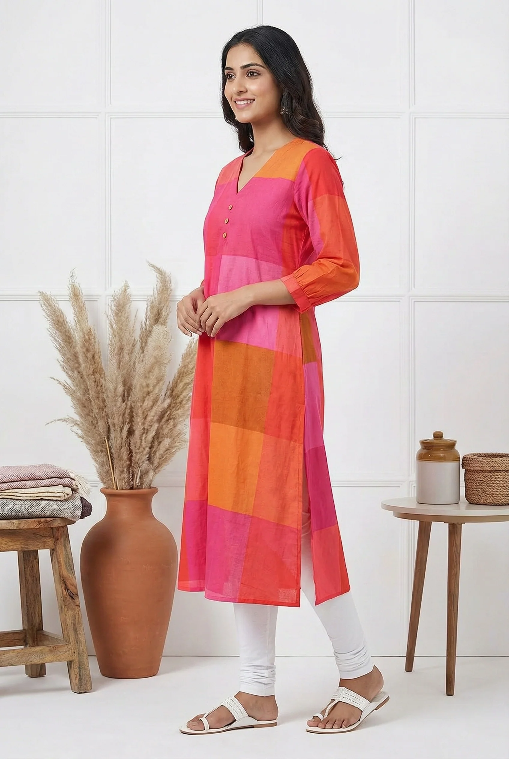 Pink & Orange Colorblock Cotton Kurta - Image 2