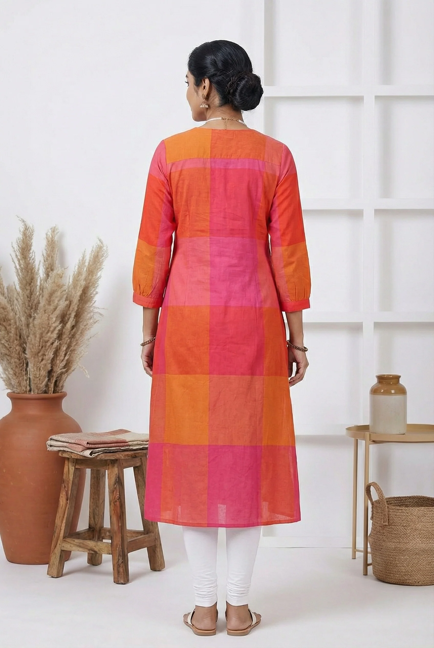 Pink & Orange Colorblock Cotton Kurta - Image 3