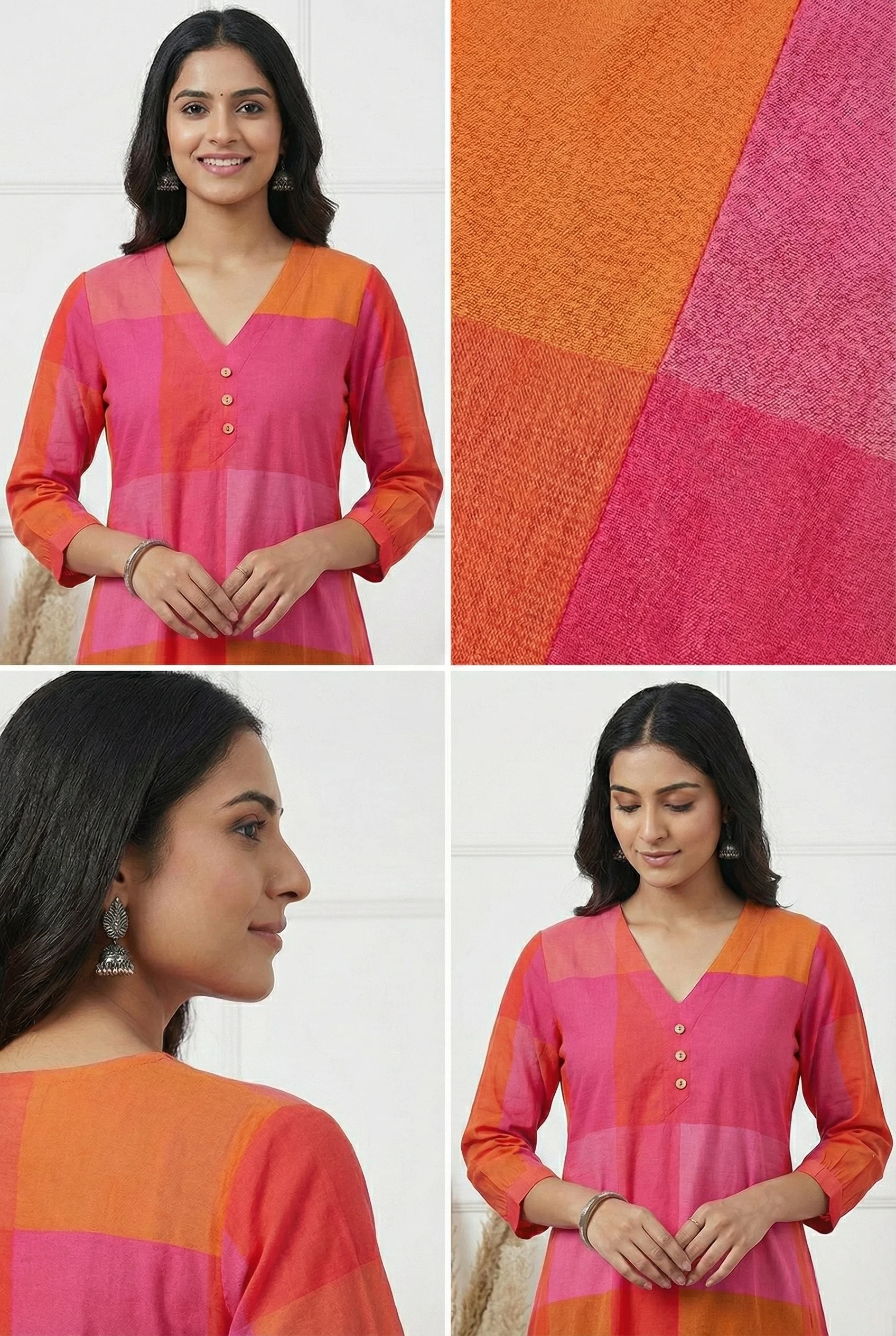 Pink & Orange Colorblock Cotton Kurta - Image 4