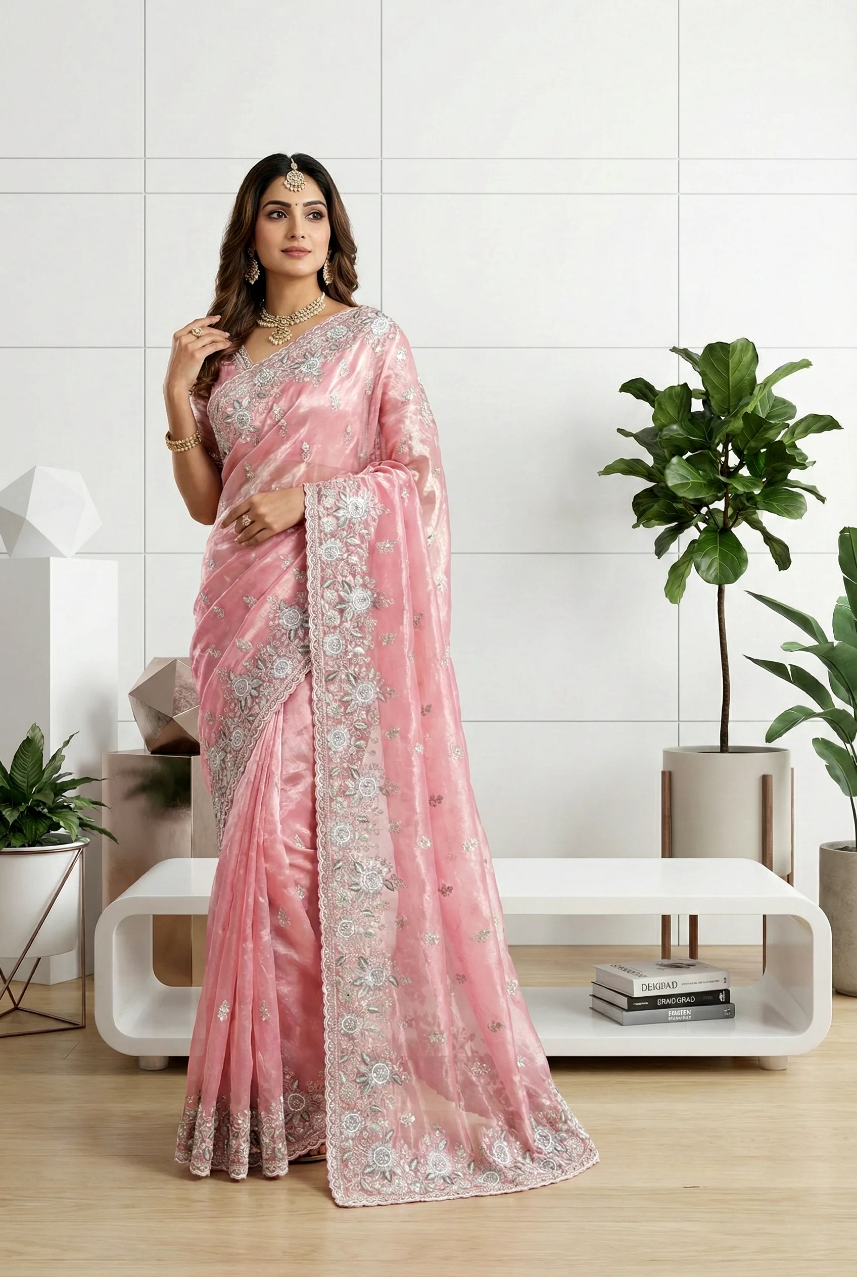 Pink Organza Heavy Aari Embroidery Saree
