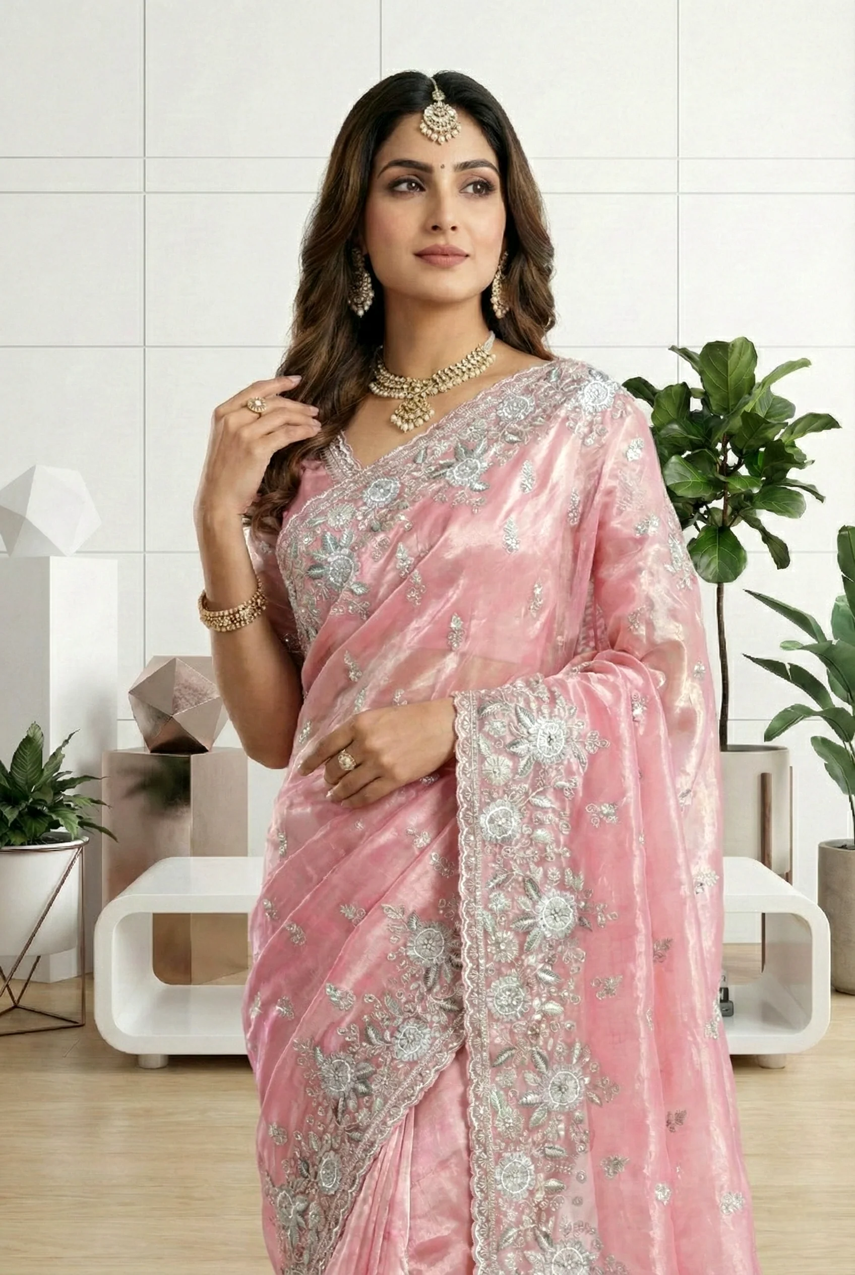 Pink Organza Heavy Aari Embroidery Saree - Image 2