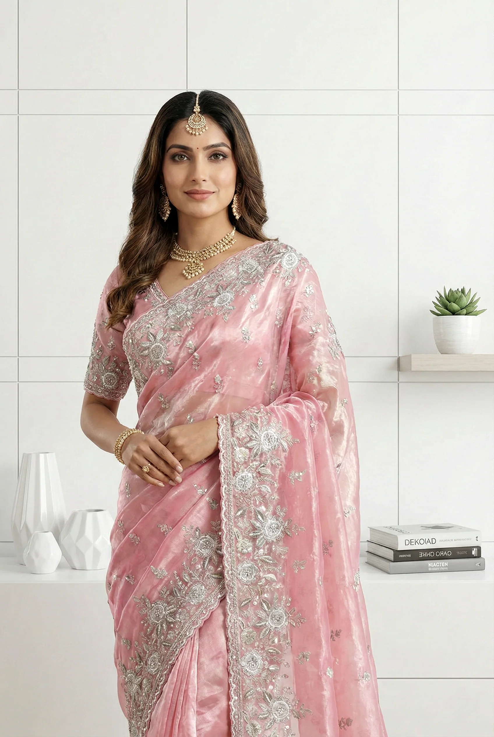 Pink Organza Heavy Aari Embroidery Saree - Image 3