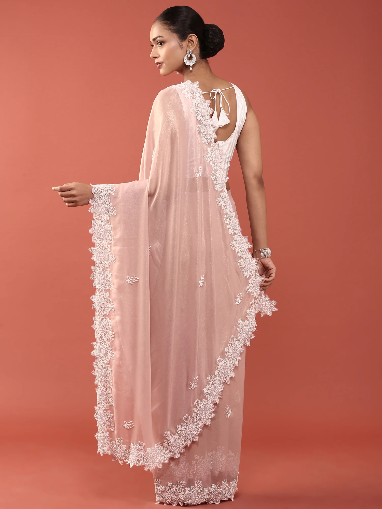 Pink Organza Stone And Thread Embroidery Saree - Image 3
