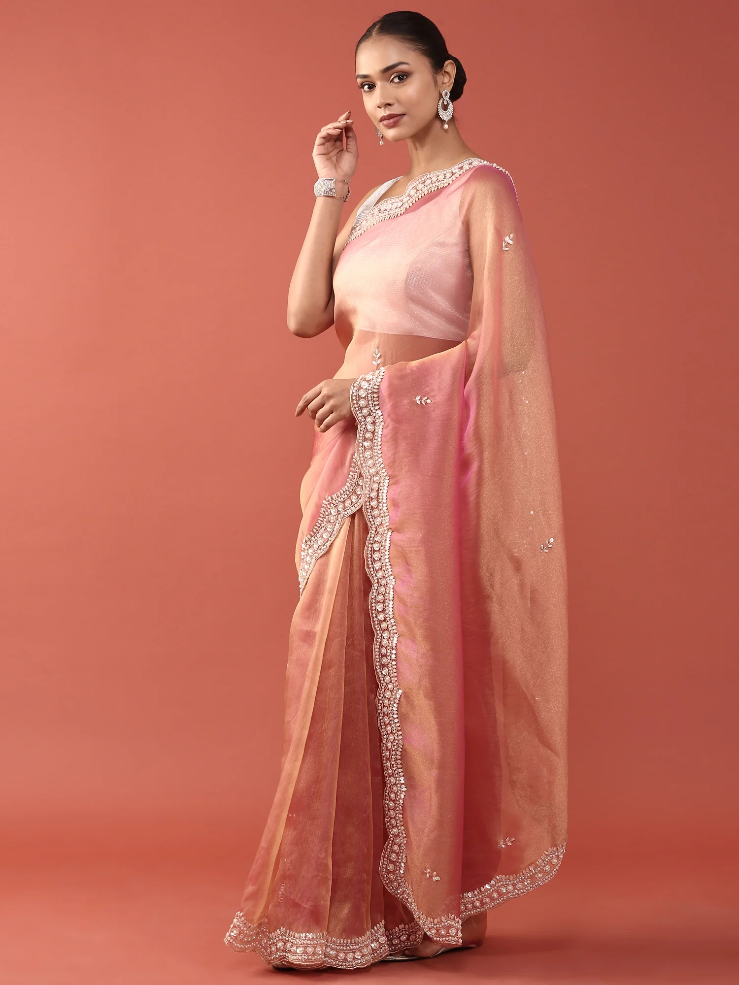 Pink Organza Stone And Thread Embroidery Saree - Image 4