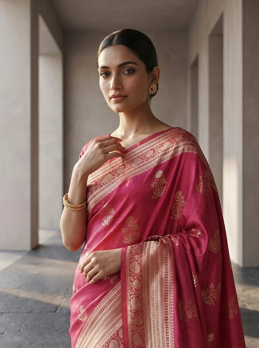 Pink Paisley And Floral Design Silk Saree - Image 3