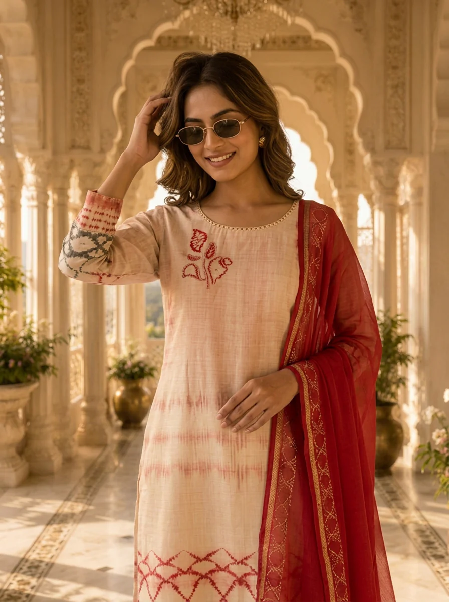 Pink Rayon Coral Lattice Printed Three Piece Set - Image 2
