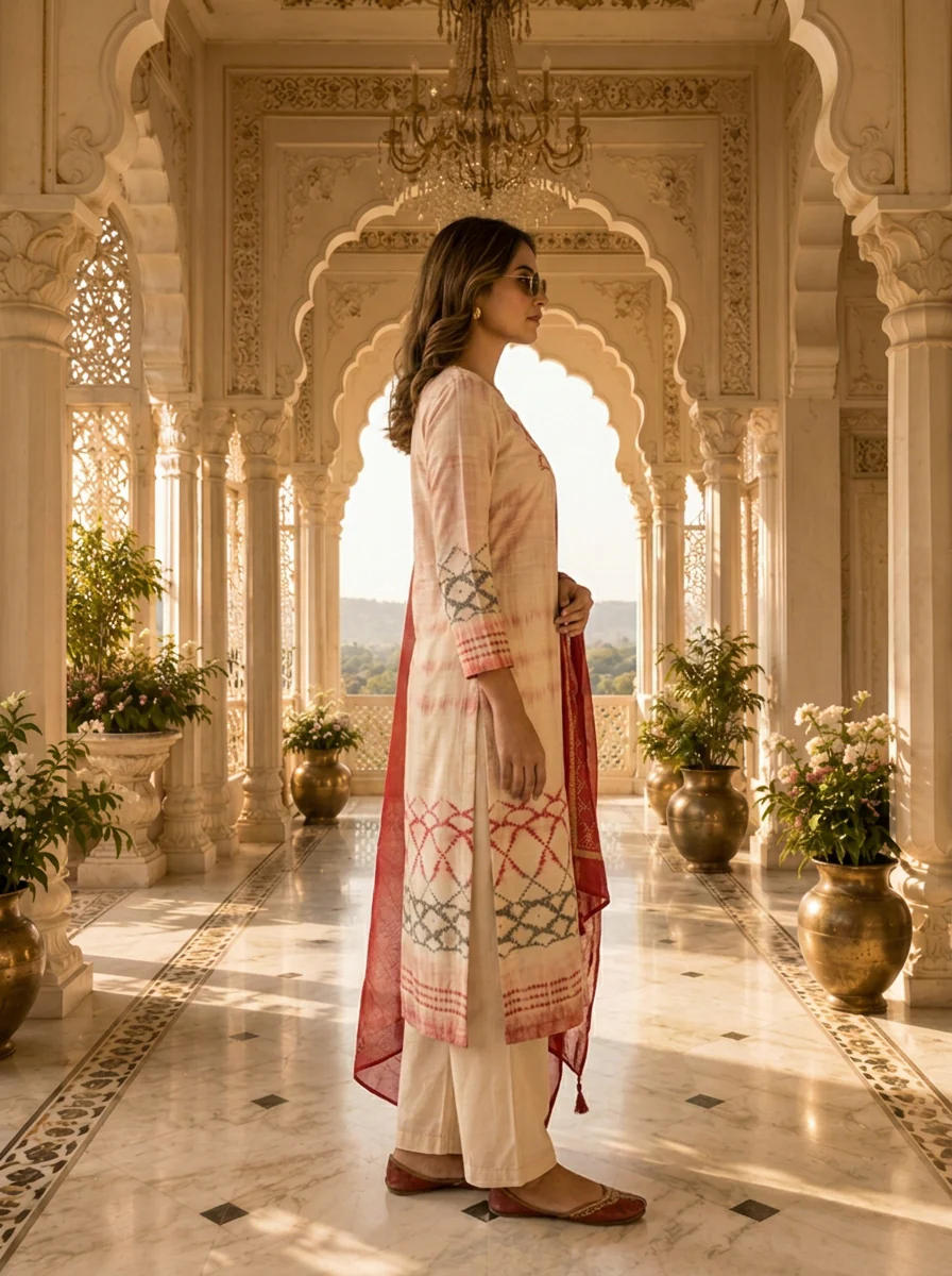 Pink Rayon Coral Lattice Printed Three Piece Set - Image 3