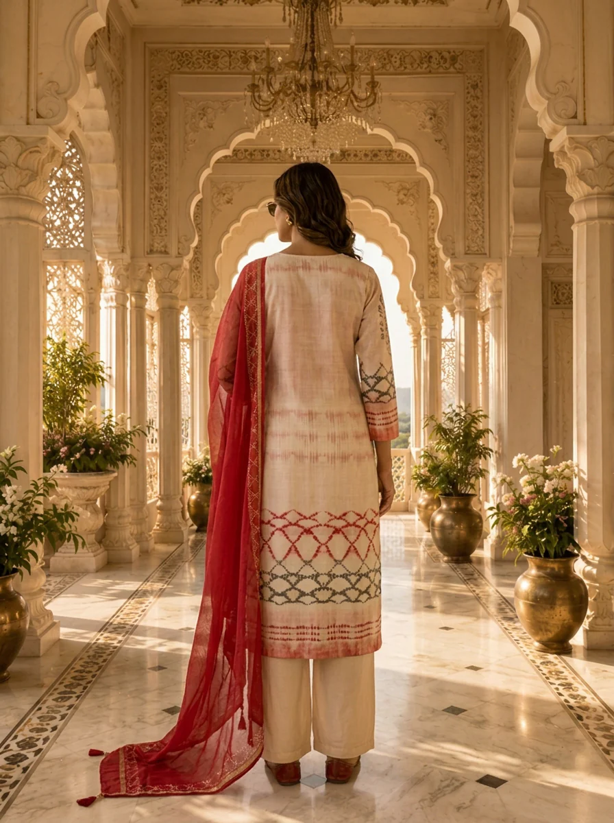 Pink Rayon Coral Lattice Printed Three Piece Set - Image 4