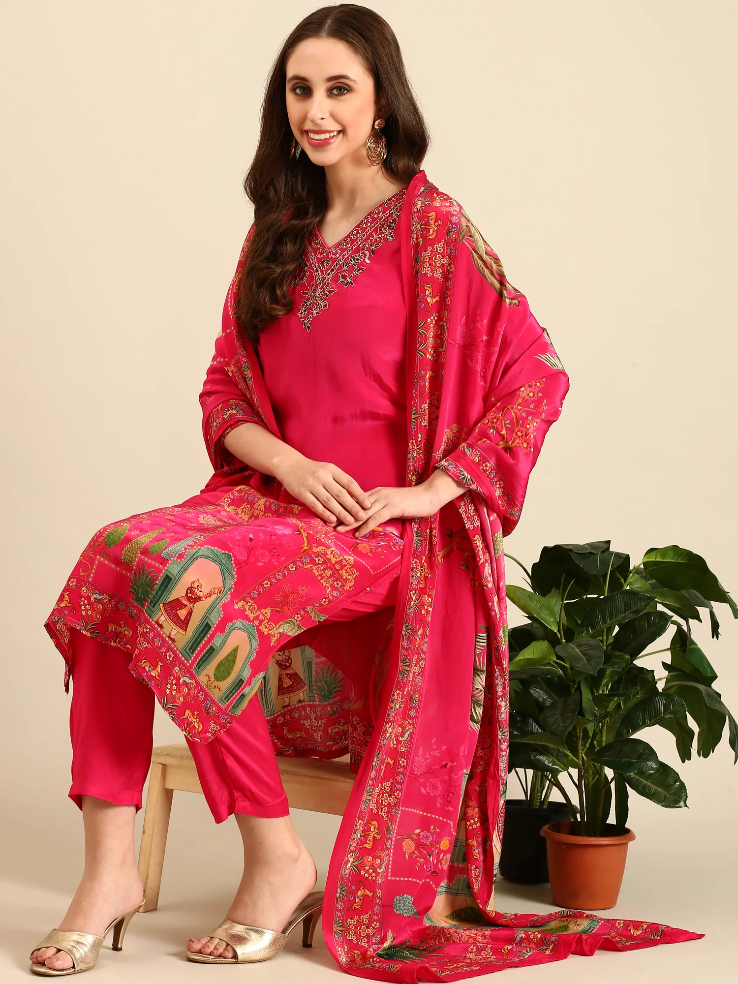 Pink Rayon Digital printed three piece suit set - Image 2