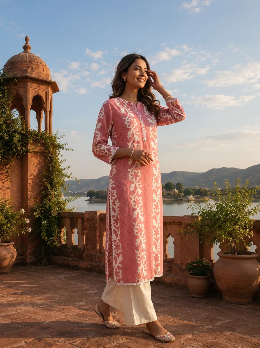 Pink Rayon Floral Stripe Printed Kurta