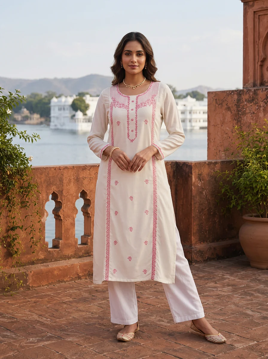 Pink Rayon Floral Thread Embroidered Kurta