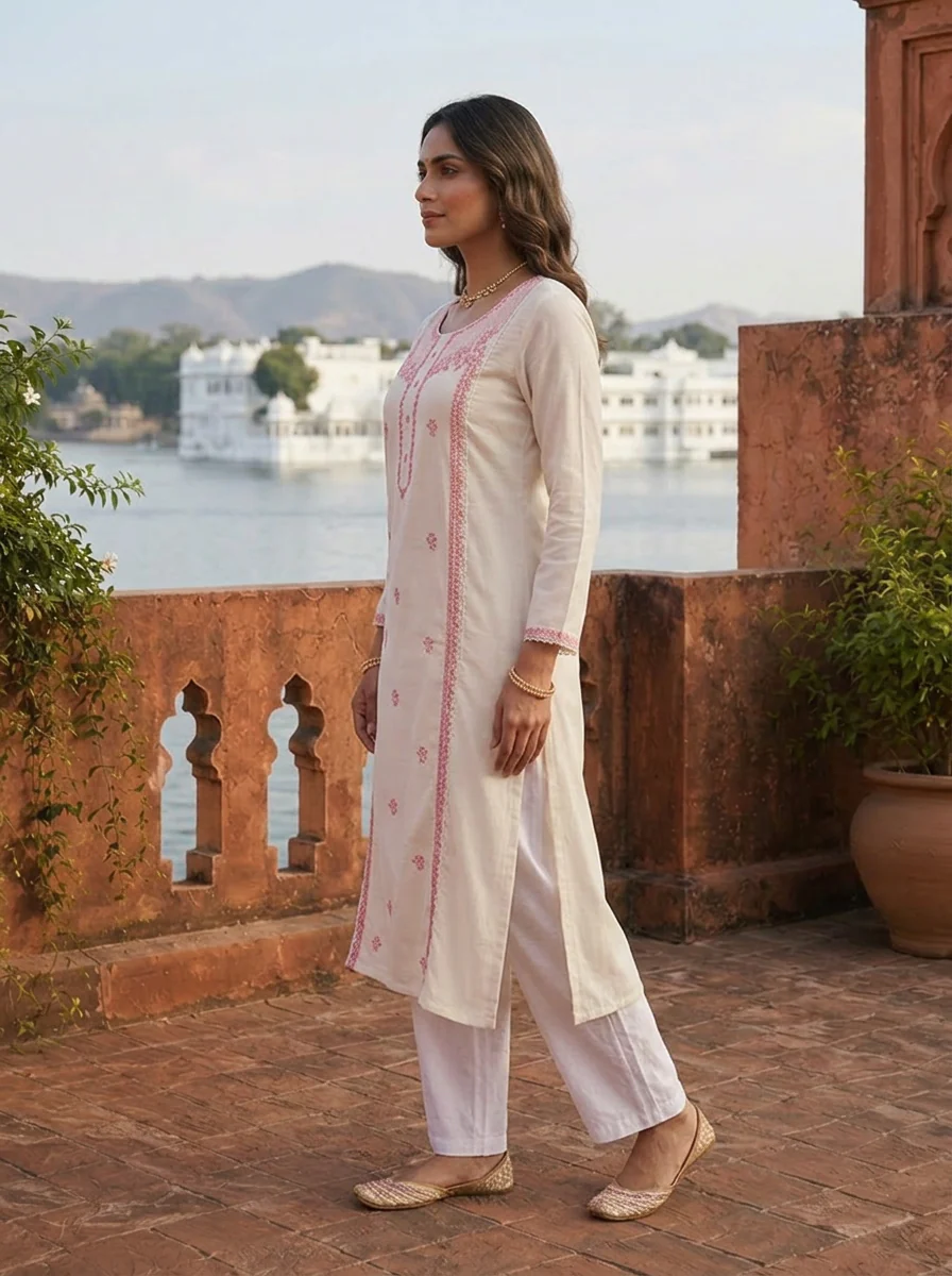 Pink Rayon Floral Thread Embroidered Kurta - Image 5