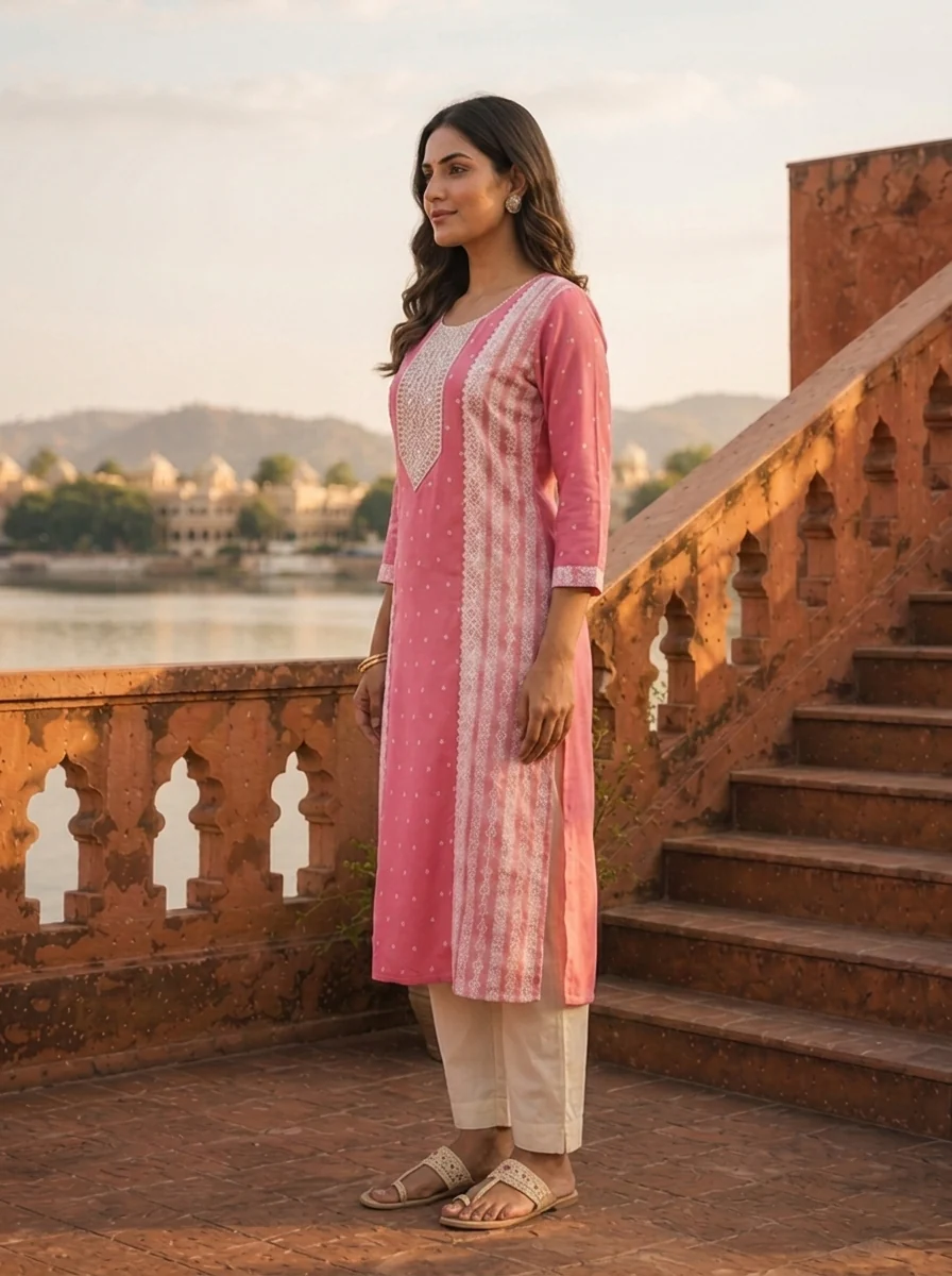 Pink Rayon Polka Dot Printed Kurta - Image 3