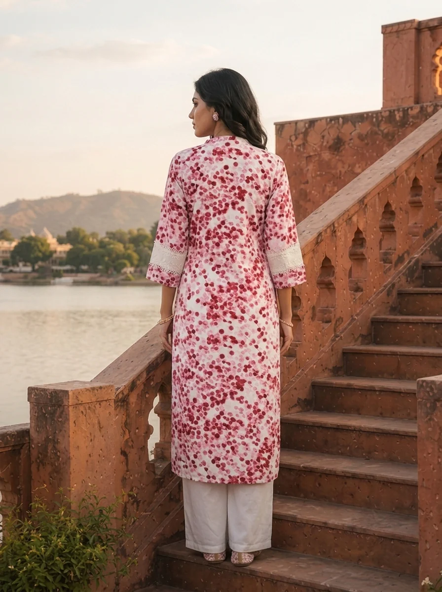 Pink Rayon Red Cherry Blossom Printed Kurta - Image 2