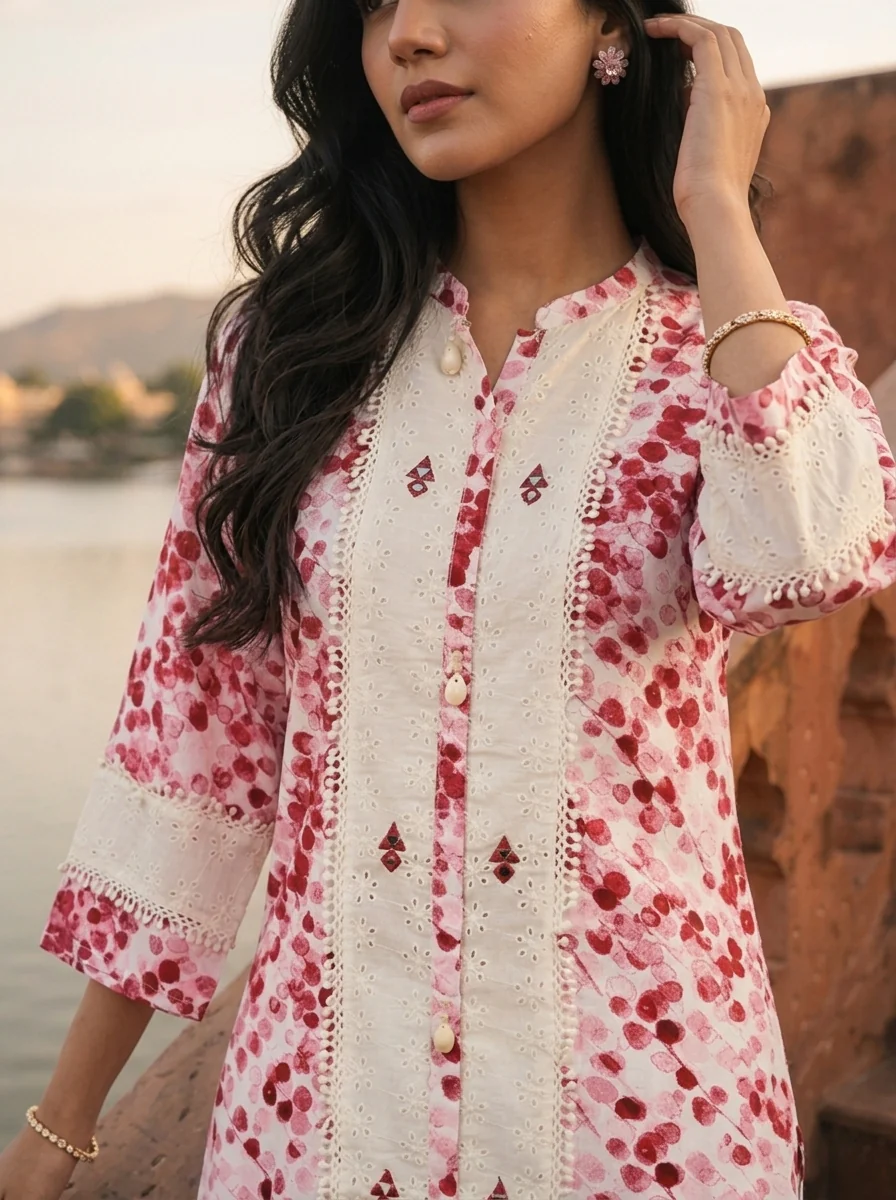 Pink Rayon Red Cherry Blossom Printed Kurta - Image 4
