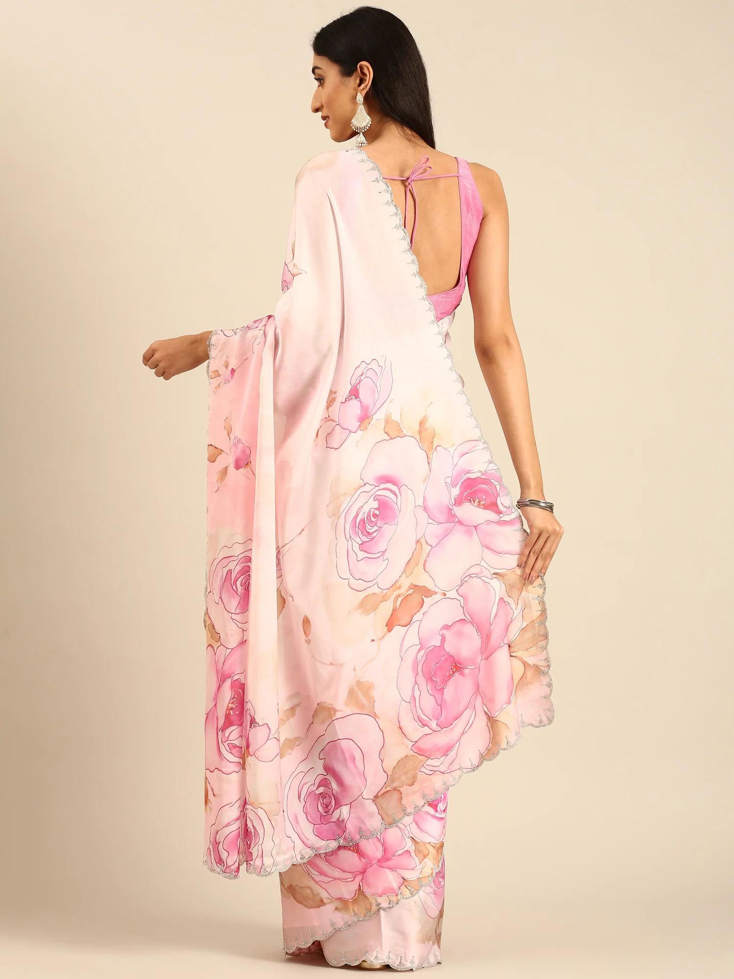 Pink satin floral printed saree with Swarovski embroidery - Image 2